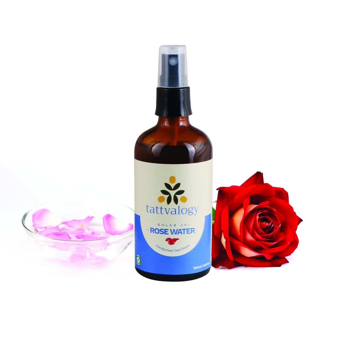 Tattvalogy Pure Rose Water (Gulab Jal) - 100% Natural Hydro Distilled Facial Toner for Skin Cleansing & Hydration | Alcohol-Free, Fragrance-Free | Glass Bottle 100ml | Perfect for Daily Skincare, Makeup Removal & Soothing Irritated Skin