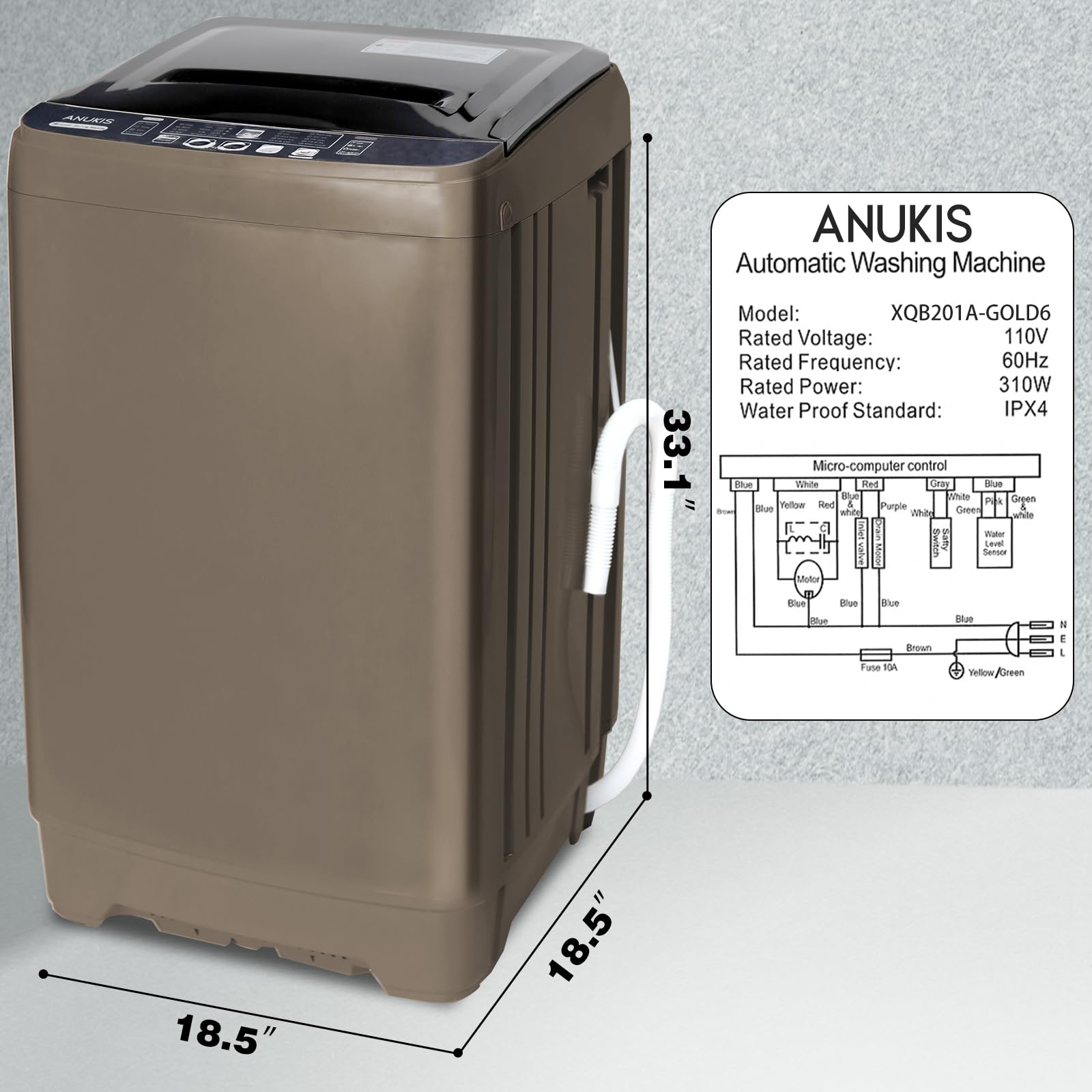Anukis 13 lbs Portable Washing Machine - Fully Automatic Compact Washer with Drain Pump, 10 Wash Programs & 8 Water Levels - Perfect for Apartments, Dorms, RVs & Travel - Gold | Space-Saving Laundry Solution for Small Homes & Camping