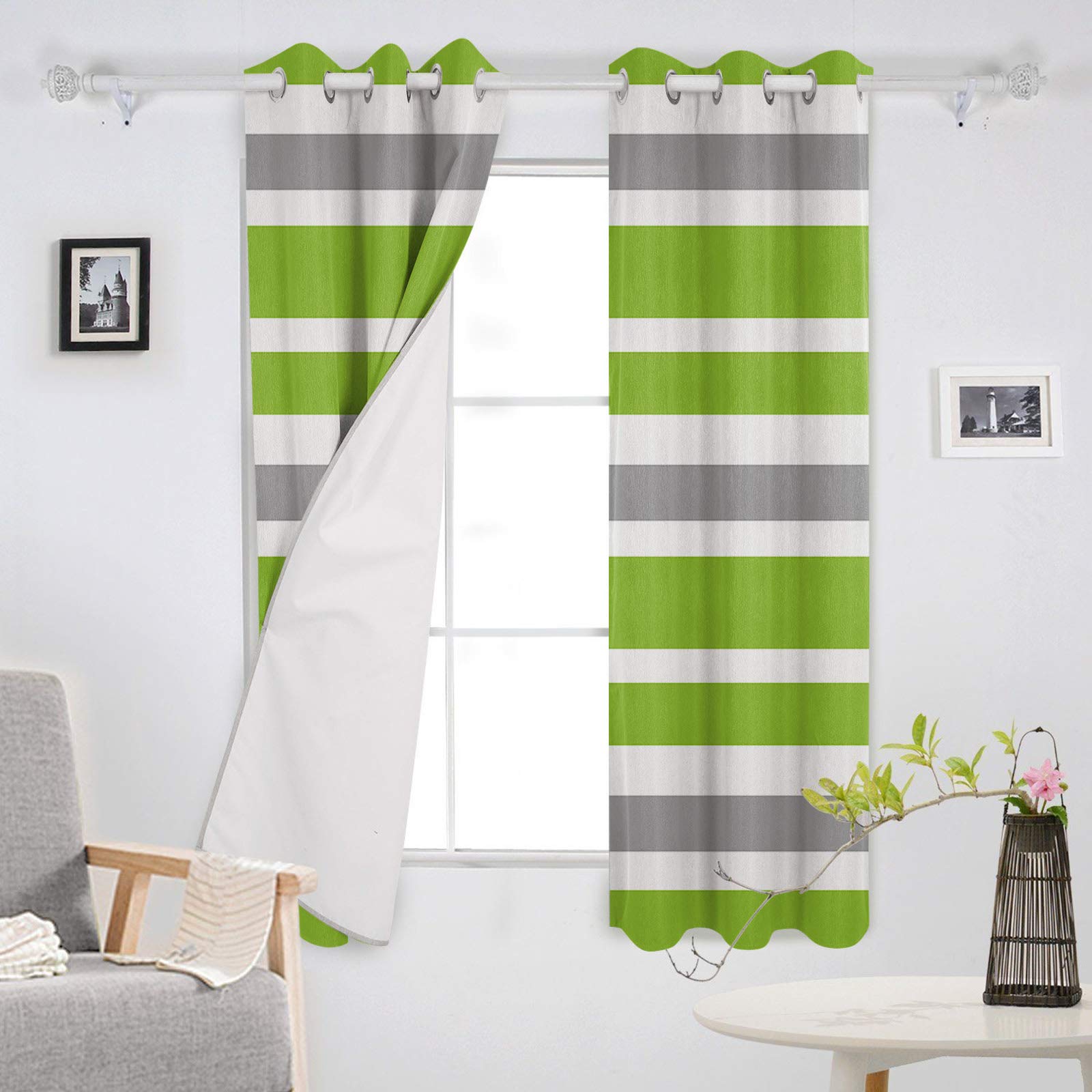 Prime Leader Blackout Curtains 72 Inch Long - Thermal Insulated Drapes for Bedroom & Living Room, Geometric Stripes in Green Gray White (2 Panels, 52x72 Inches) - Perfect for Light Blocking, Energy Saving & Home Decor