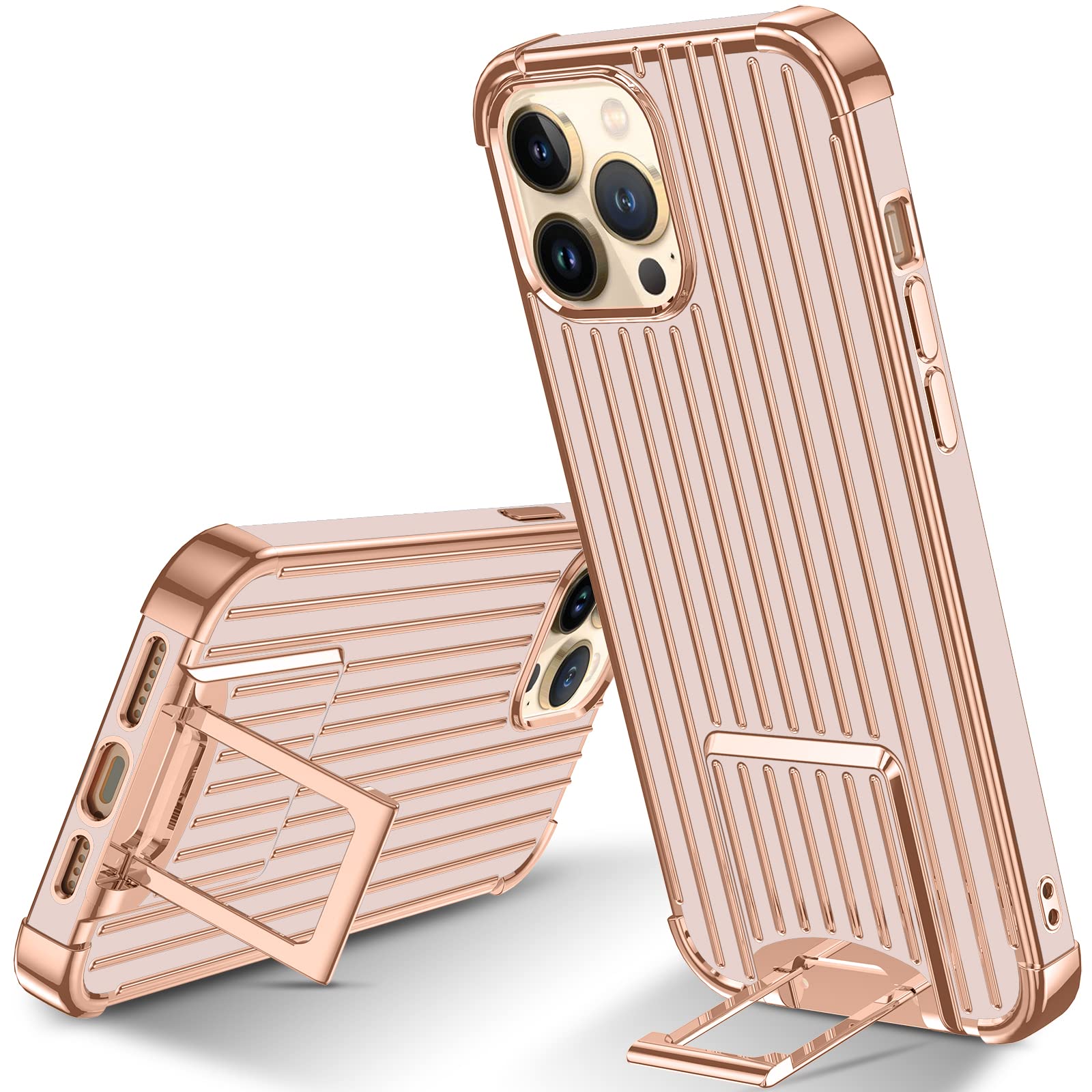 PTUONIU iPhone 13 Pro Max Case with Kickstand - Slim Shockproof Protective Cover [2-Way Stand] | Anti-Scratch Full Body Protection in Rose Gold | Perfect for Work, Travel & Entertainment