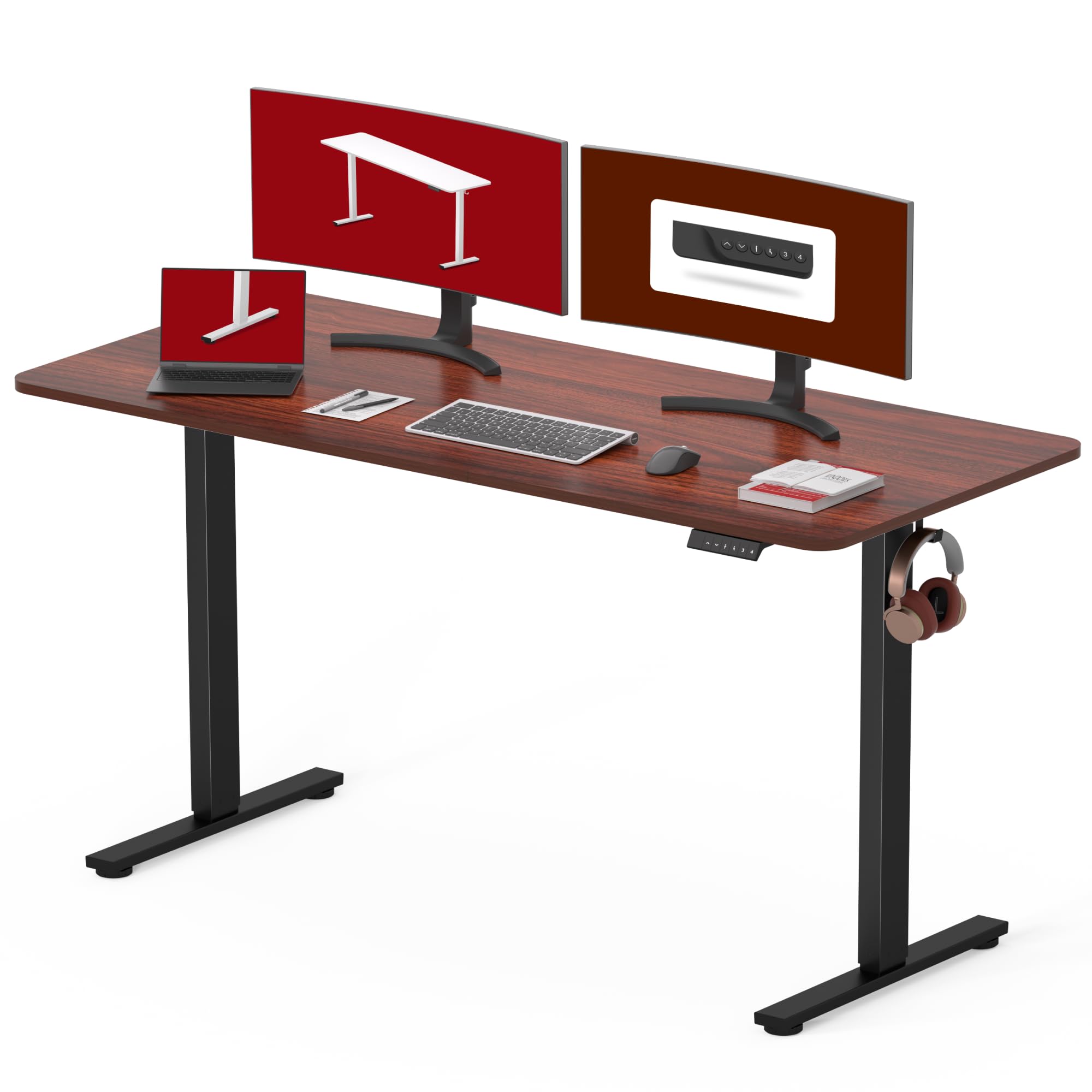 SANODESK 55 x 28 Inches Electric Standing Desk - Height Adjustable Whole-Piece Desktop with 6-Button Controller, Ergonomic Computer Desk for Home Office (Black Frame & Mahogany Top) - Perfect for Remote Work, Gaming Setup, and Small Workspaces