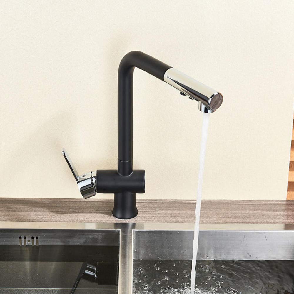 Deck Mounted Pull Out Kitchen Faucet - Single Handle Chrome & Black Finish - Hot & Cold Water Mixer - 2 Function Spray Head - Perfect for Modern Kitchens & Bar Sinks
