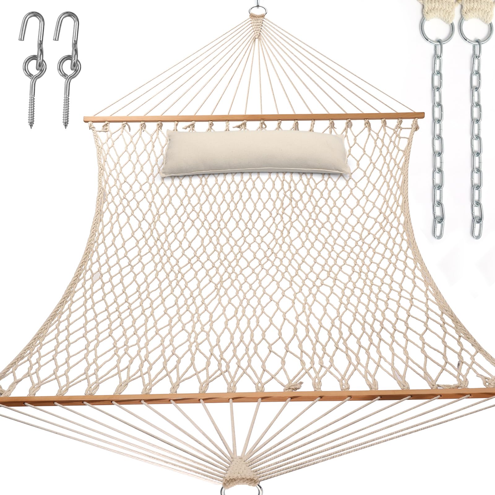 Y-STOP 13 FT Double Hammock with Pillow - Heavy Duty Rope Hammock with Free Chains & Hooks for Outdoor, Indoor, Patio, Backyard - Solid Wood Spreader Bar Supports 440 lbs - Perfect for Relaxing, Camping, Beach & Backyard Lounging