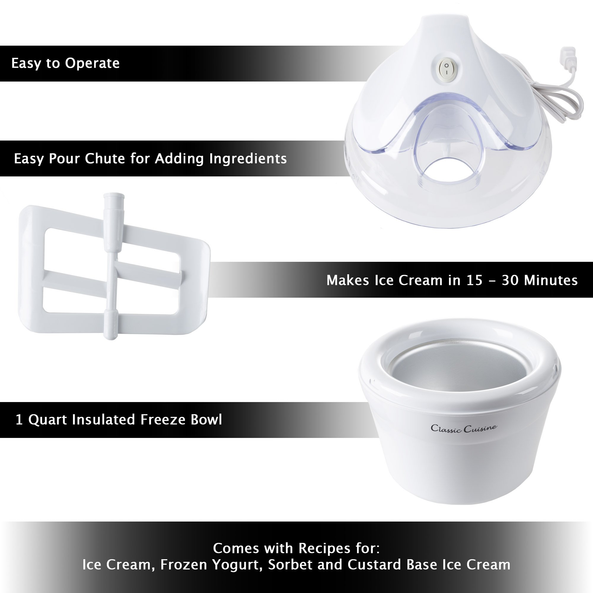 Classic Cuisine 1 Quart Ice Cream Maker - Homemade Ice Cream, Sorbet & Frozen Yogurt Dessert Machine with Recipe Book - Perfect for Parties, Family Gatherings & Summer Treats - White