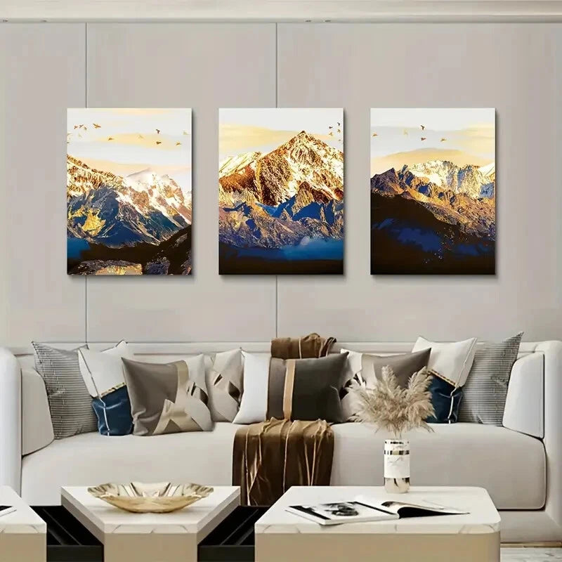 3pcs Golden Mountain and Bird Flock Metal Wall Art Prints - Ready to Hang Landscape Decor for Living Room, Bedroom & Office