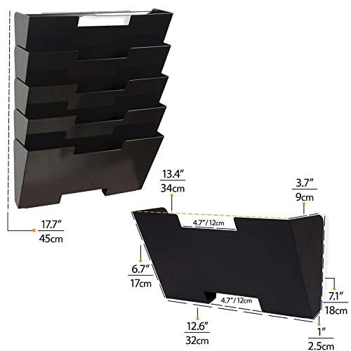 Wallniture Lisbon 5-Tier Metal Wall Mounted File Organizer - Office Storage Rack for Files, Magazines & Documents - Space-Saving Wall Mount Holder - Black Home & Office Decor - Perfect for Small Spaces, Home Offices & Workstations