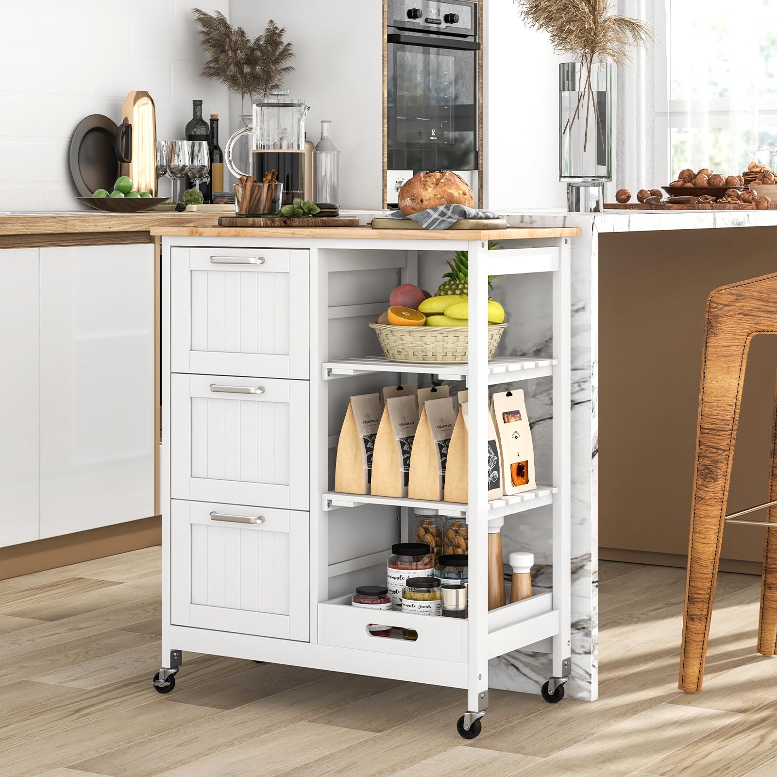 COSTWAY Mobile Kitchen Island Cart with 3 Drawers & Shelves, Rolling Storage Trolley with 360° Wheels & Detachable Tray - Perfect for Kitchen, Dining Room, Living Room & Bedroom Organization