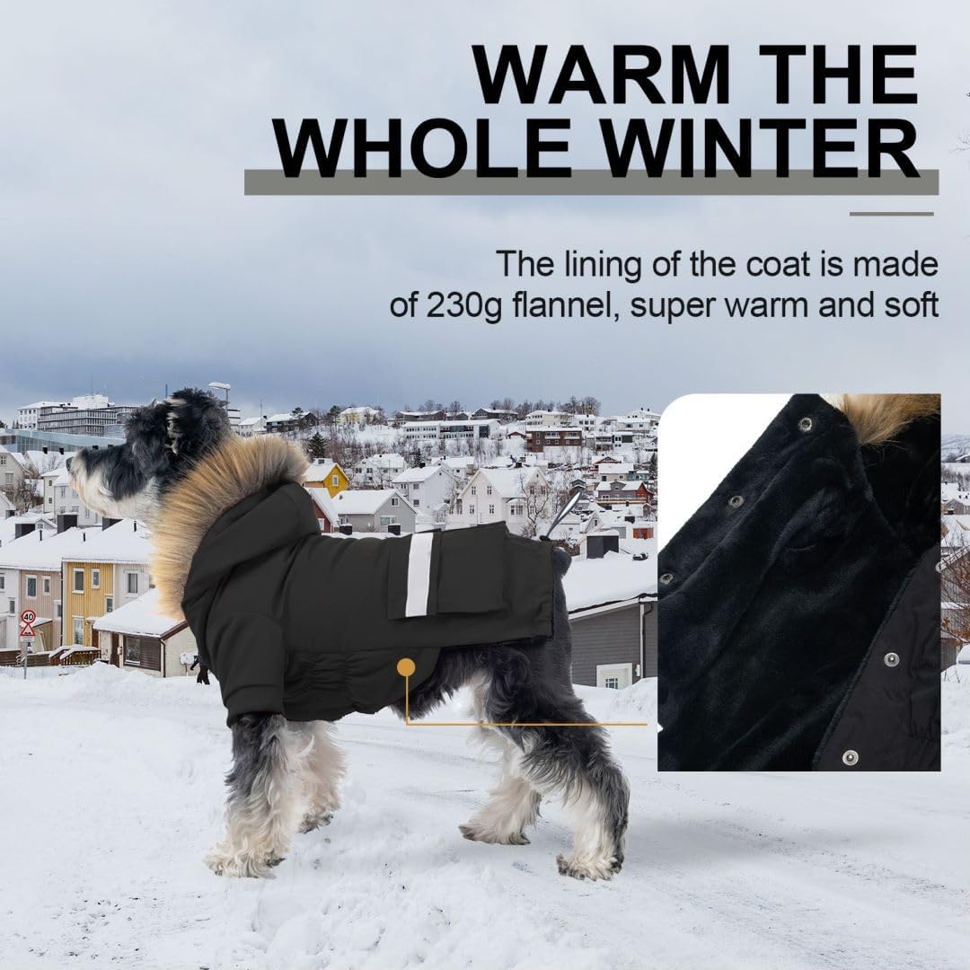 Waterproof & Windproof Dog Jacket for Small Dogs - Winter Coat with Reflective Strips & Faux Fur Hood - Warm Flannel-Lined Snow Coat with Pocket - Ideal for Cold Weather Walks, Outdoor Adventures & Nighttime Safety