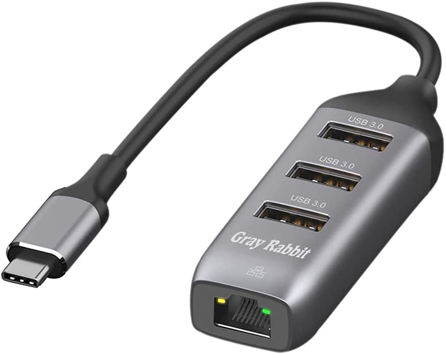Gray Rabbit USB C to Ethernet Adapter with 3-Port USB 3.0 Hub - Gigabit RJ45 10/100/1000 Mbps - Compatible with MacBook Pro/Air, iPad, XPS 15/13, Surface, Android - Perfect for Home Office, Gaming & Travel Connectivity