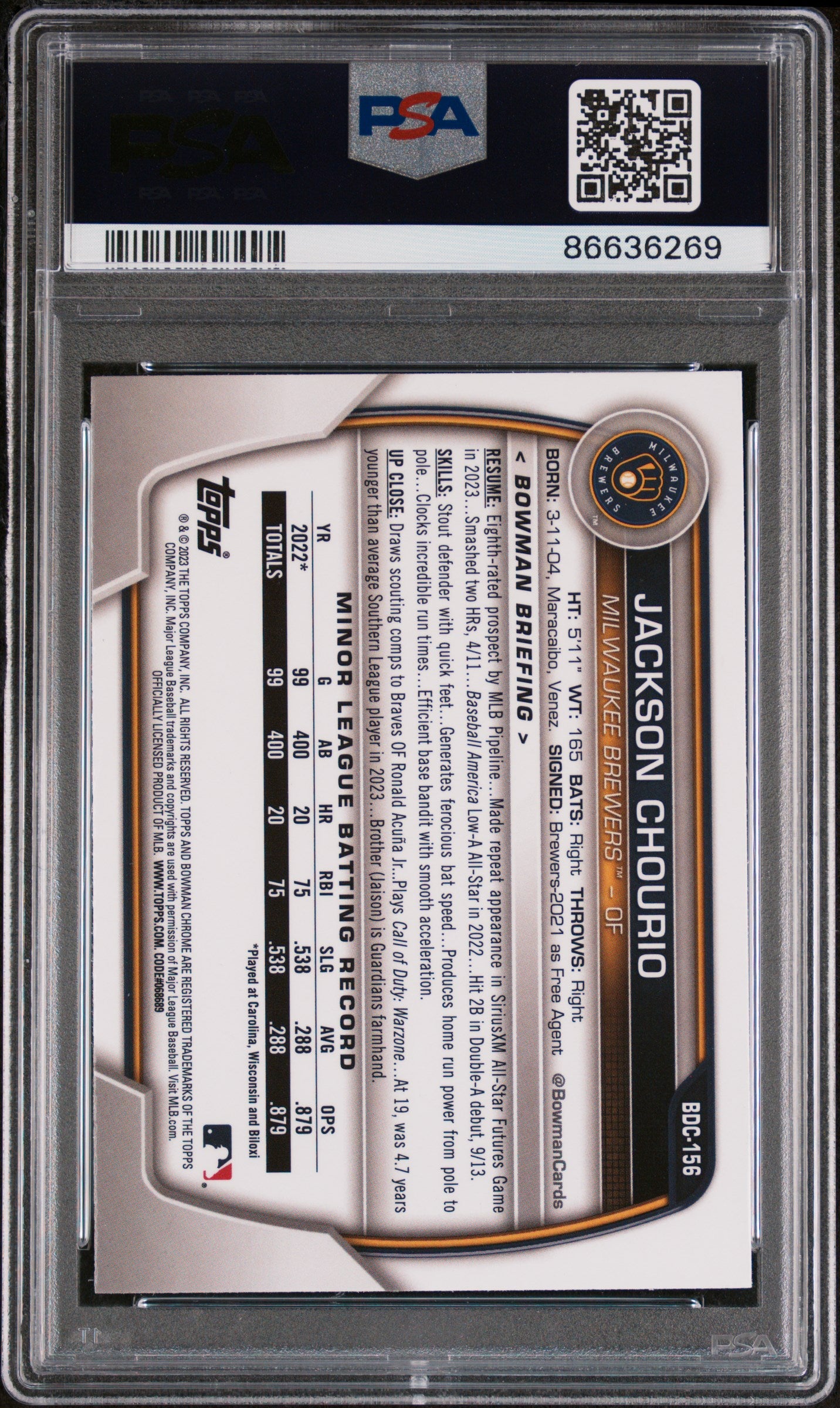 2023 Bowman Draft Jackson Chourio Chrome #BDC156 PSA 10 Gem Mint Baseball Card - Perfect for Collectors, Investors & Fantasy Sports Enthusiasts