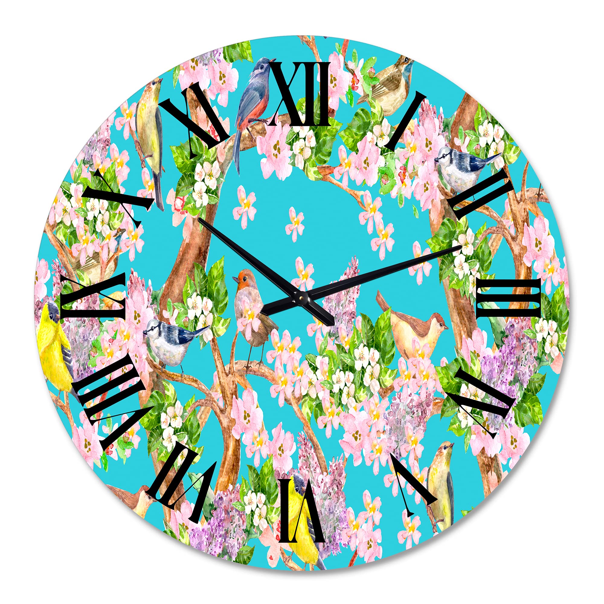 DesignQ Traditional Wall Clock - Large Decorative Clock with Little Birds on Spring Flowers for Home & Office Decor | Perfect for Living Room, Bedroom, and Workspace