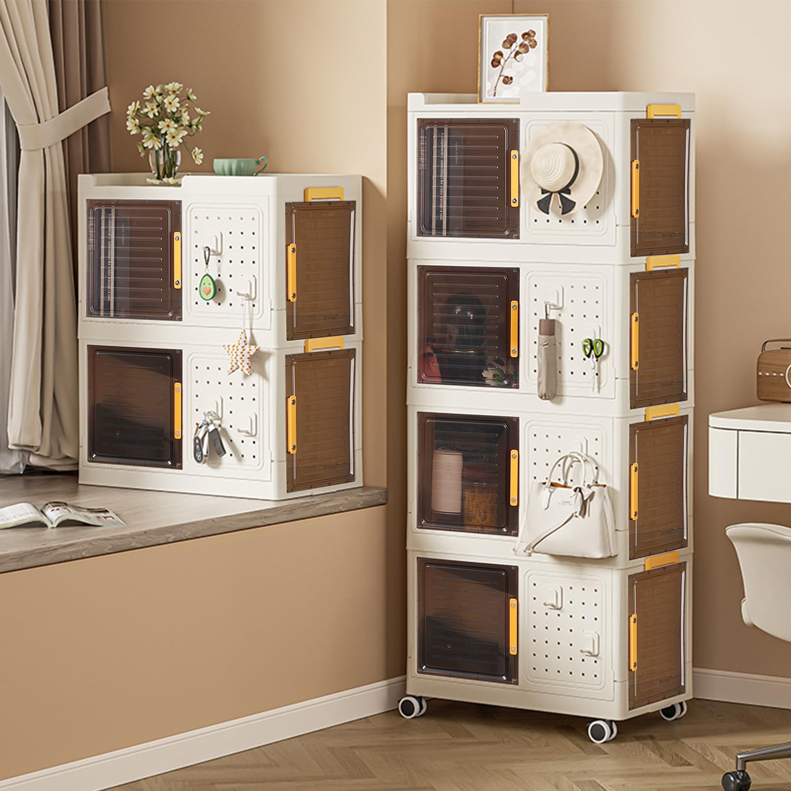 Foldable Storage Bins with Lids - 4-Layer Stackable Collapsible Organizer Box, Wheeled Storage Cabinet & Clear Plastic Closet Organizer for Bedroom, Living Room, Office, Dorm - Perfect for Clothes, Toys, Books & Home Organization