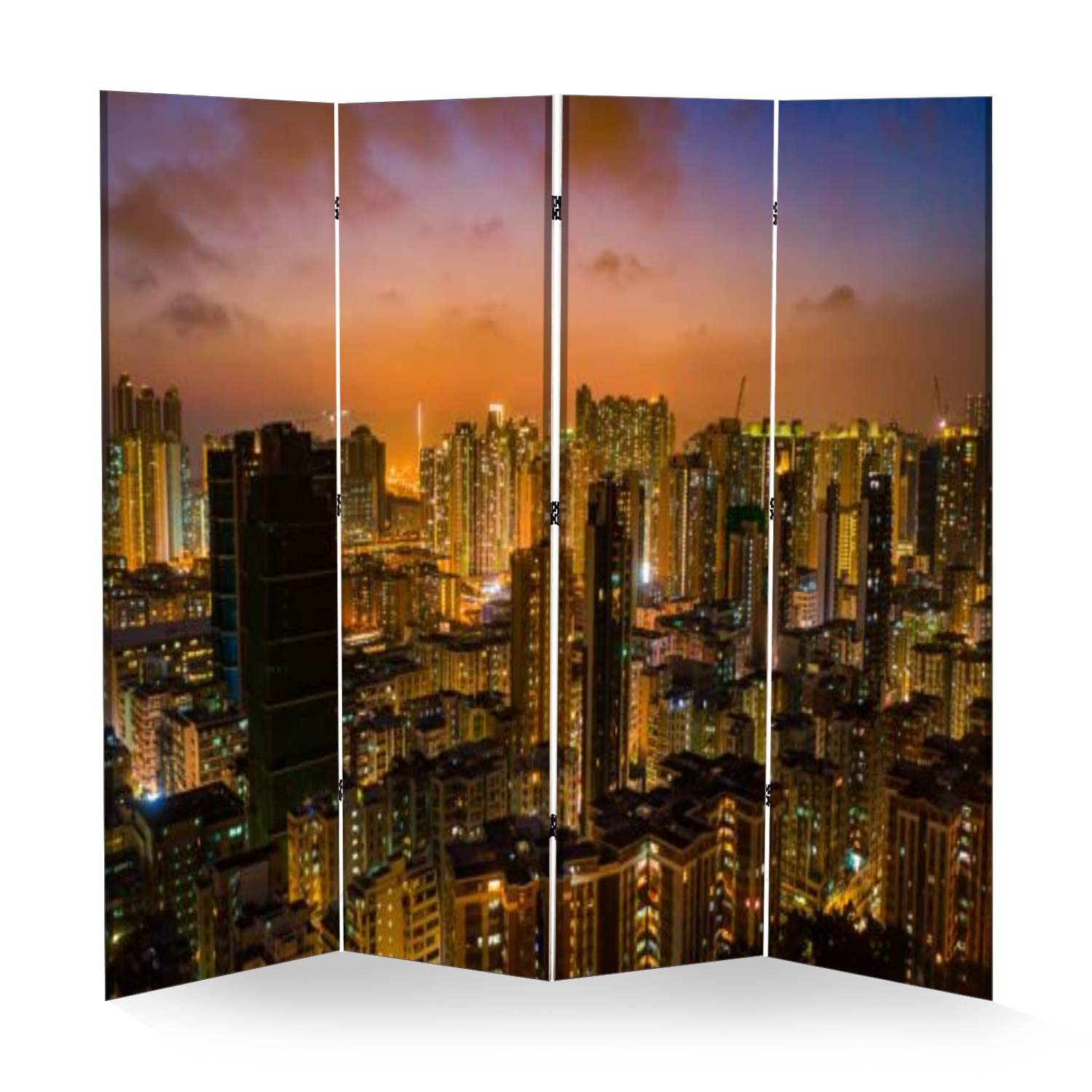 4 Panel Folding Room Divider - Hong Kong Kowloon City Skyline Canvas Privacy Screen | Portable Freestanding Wall Separator for Home Office, Bedroom & Event Spaces | Decorative Partition with Drone View Design