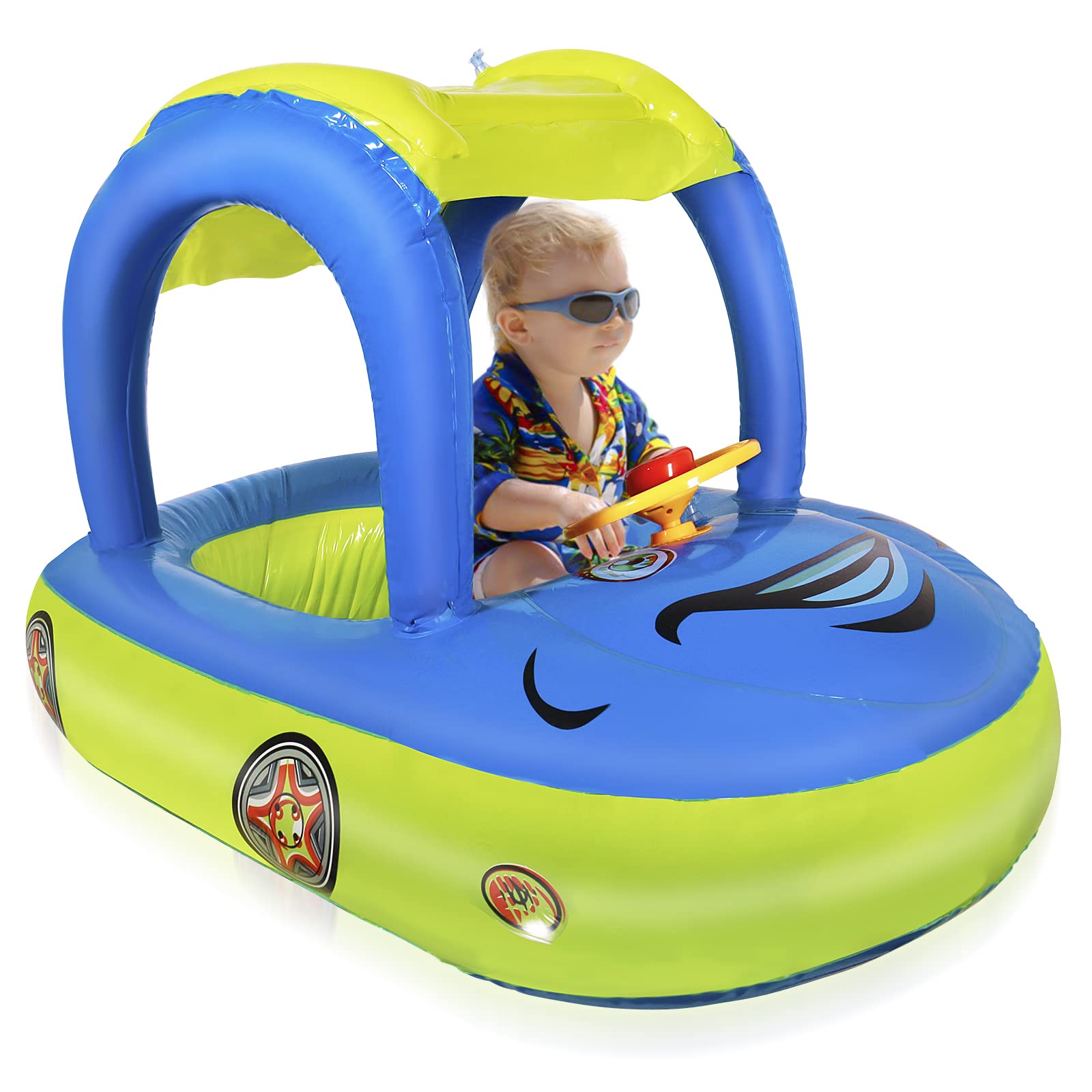 Baby Pool Float with UPF 50+ Canopy - Car Shaped Toddler Swim Float Boat, Infant Swim Ring for Summer Pool & Beach Play, Outdoor Water Fun for Kids