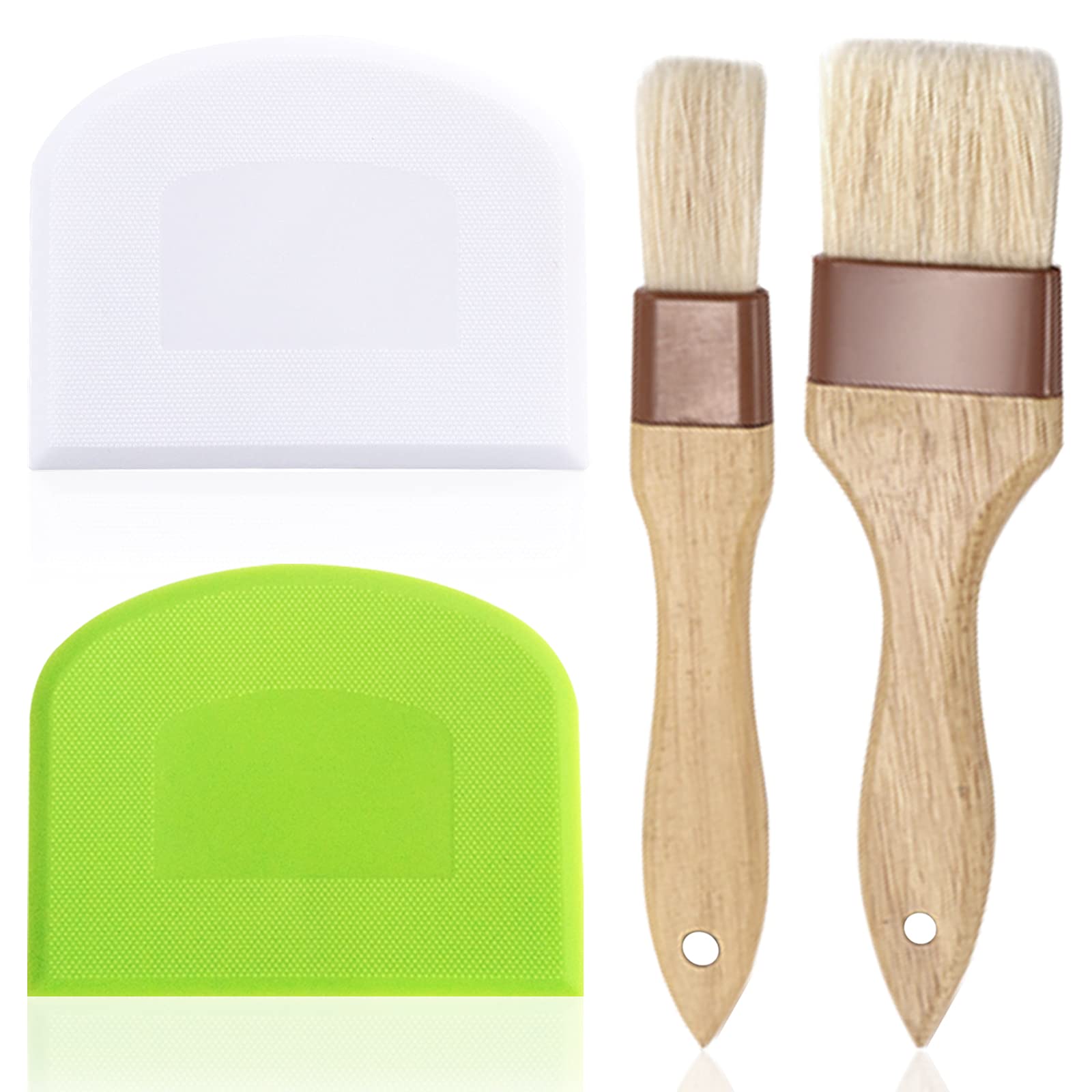 Set of 4 Pastry Brushes with Boar Bristles & Wooden Dough Scraper - Premium Basting Oil Brush for Baking, Cooking, BBQ with Hanging Hole - Perfect for Bread Dough, Cake Decorating, and Kitchen Essentials