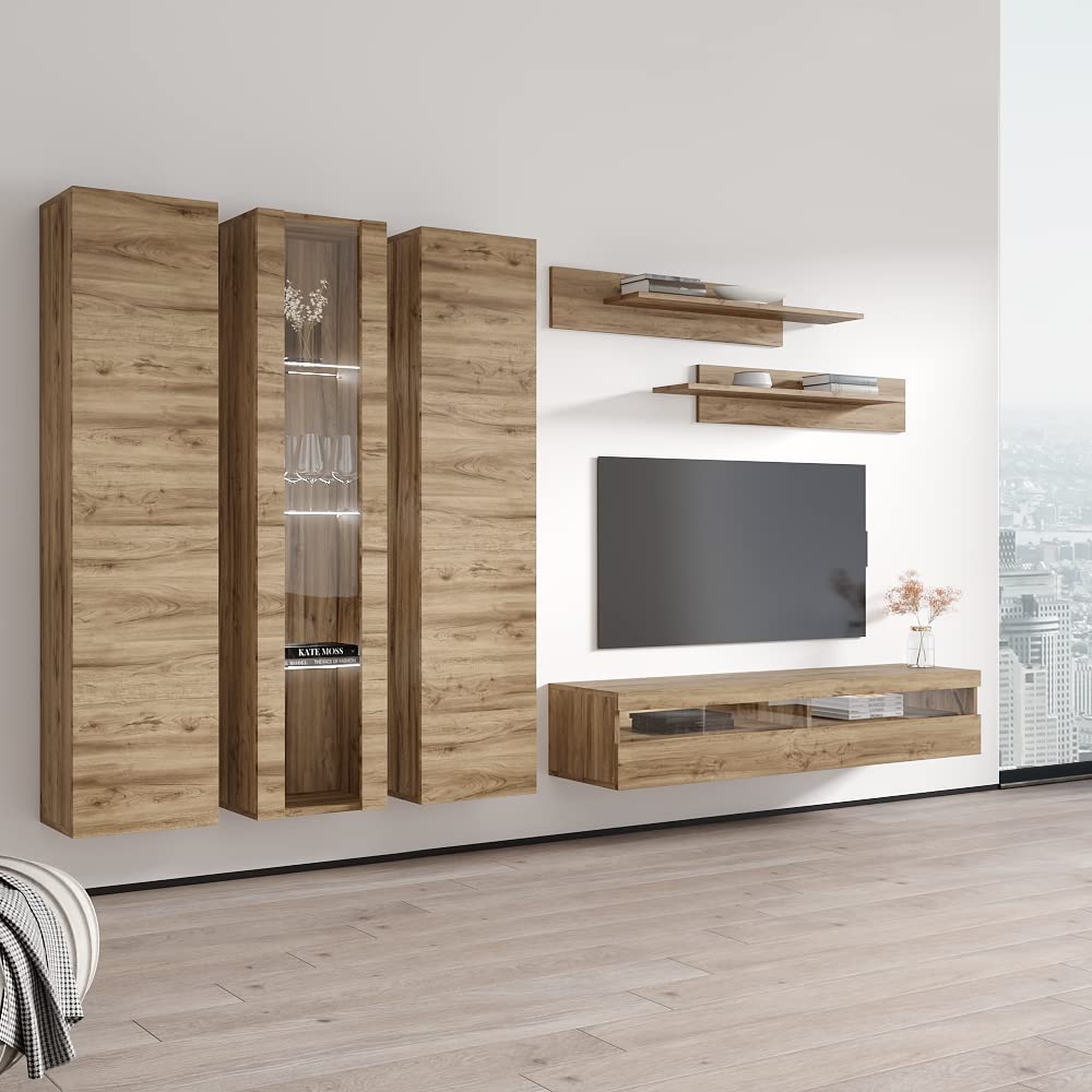 Modern Floating TV Stand with Storage & LED Lights - Wall-Mounted Entertainment Center for Bedroom & Living Room - Oak Wood TV Console with Shelves - Perfect for Small Spaces & Home Theater Setup