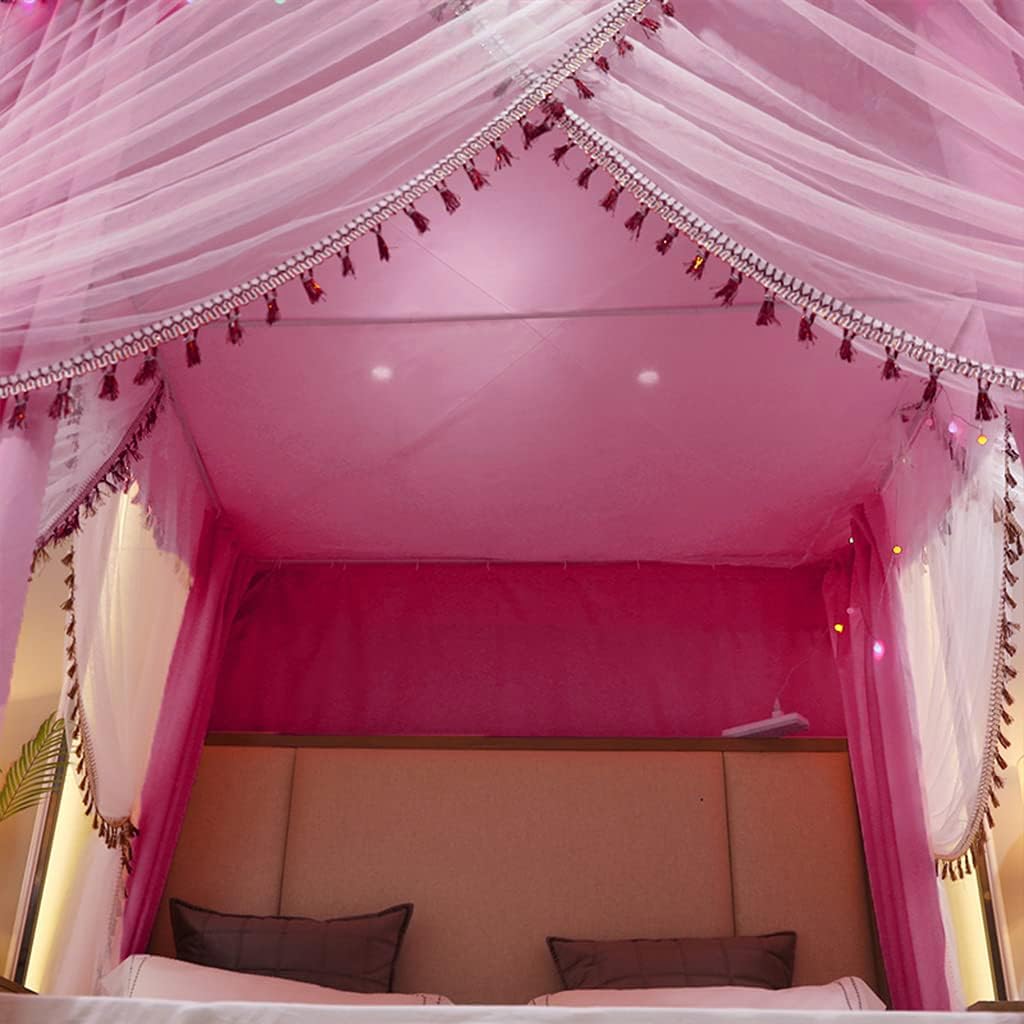 Princess 4 Corner Post Bed Canopy & Cute Mosquito Net for Girls Bedroom, Adult Bed, Kids Room - Twin/Full/Queen/King Size Bed Curtain (Solid Rose, King) | Perfect for Nursery Decor, Fairy Tale Bedroom Theme, and Mosquito Protection