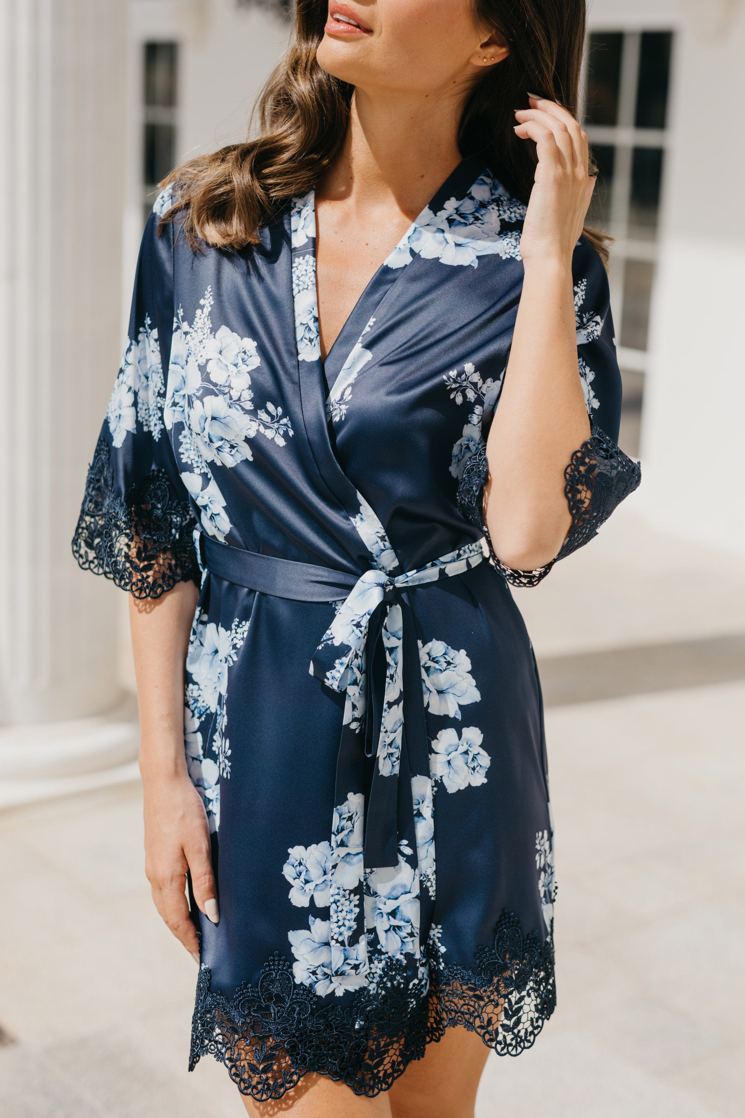 Ivana Bleu De Fleur Printed Robe - Floral Kimono Robe for Women, Lightweight Loungewear, Bathrobe & Cover Up - Perfect for Spa, Beach, and Home Relaxation