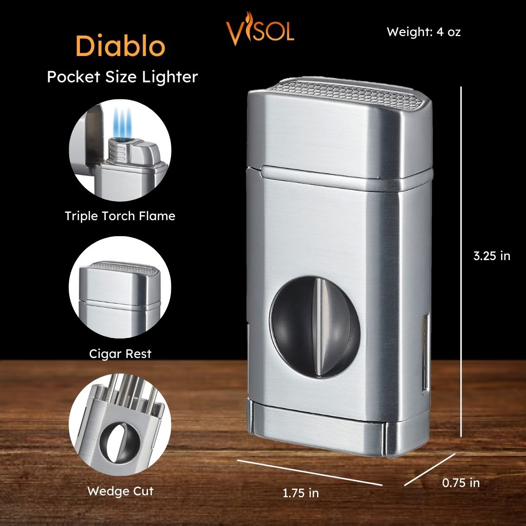 Visol Diablo Triple Torch Flame Lighter with Spring V Cutter - Silver | Windproof Butane Lighter for Cigars, BBQ, Camping & Outdoor Use