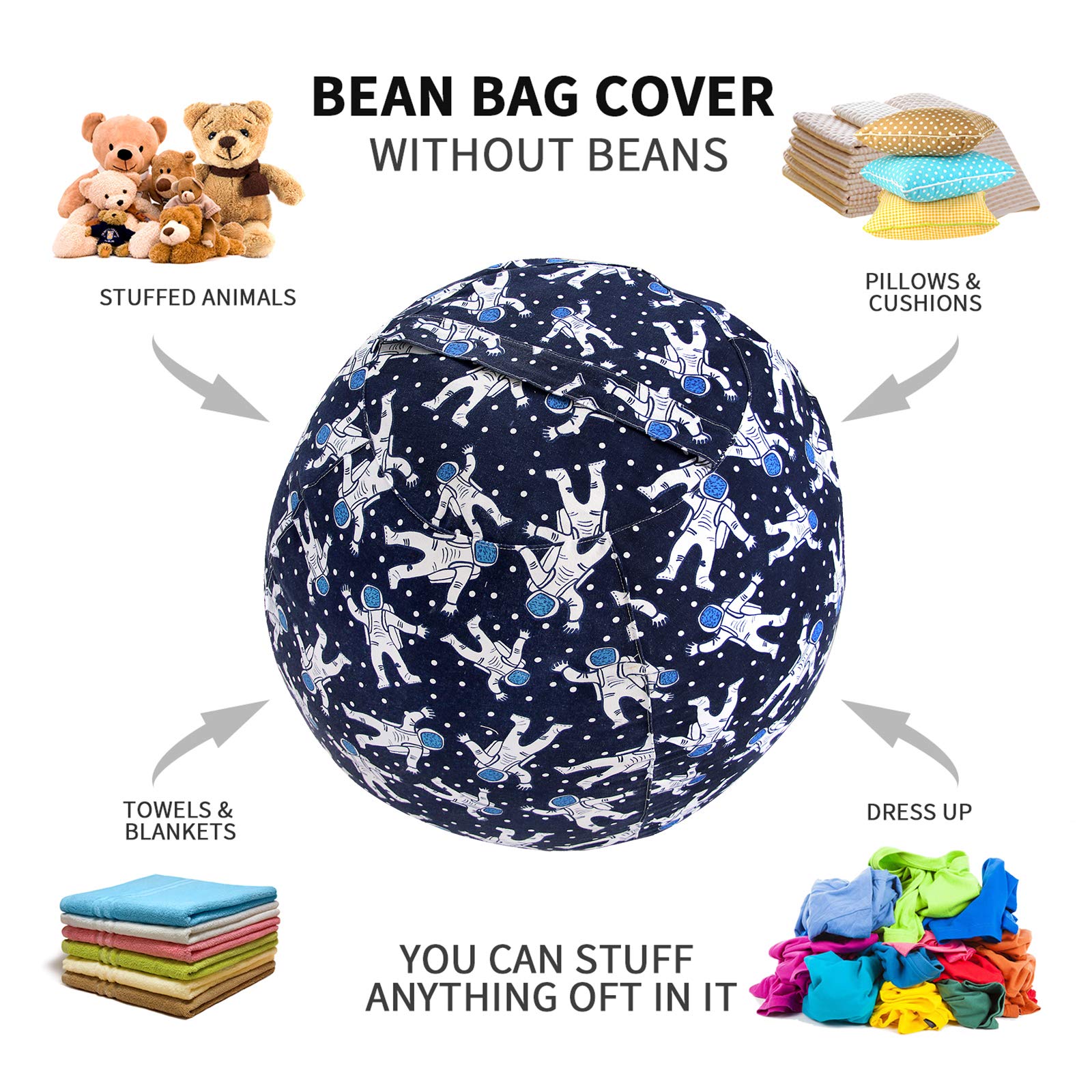 Miaowater 2-Pack Stuffed Animal Storage Bean Bag Chair Cover - Cotton Canvas Organizer with Zipper for Kids & Adults Room - Blue Astronaut Design 24 Inch - Perfect for Playroom, Bedroom & Dorm Organization