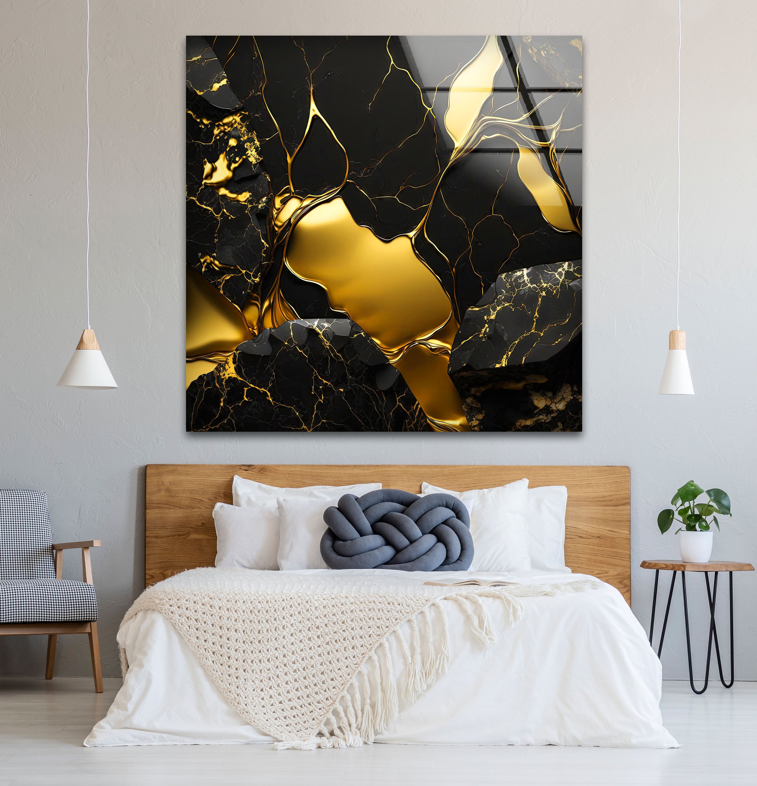 Black and Gold Abstract Wall Art - Modern Glass Print with Luxury Shine for Living Room, Bedroom & Office Decor | Elegant Home Wall Decorations