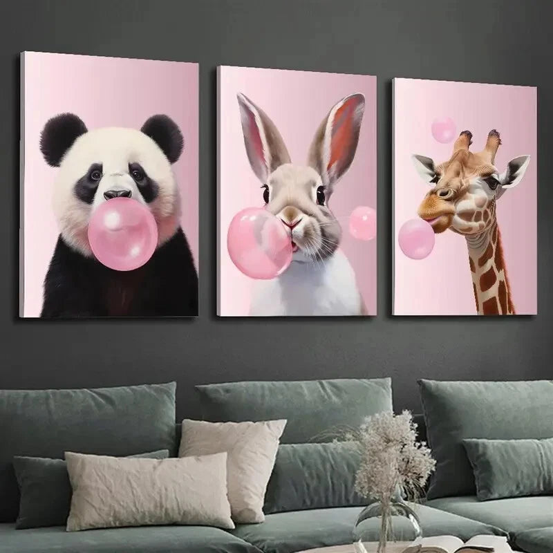 3Pcs Romantic Animal Illustration Metal Prints - Pink Bubble Artwork Ready to Hang - Perfect for Nursery, Bedroom & Living Room Wall Decor