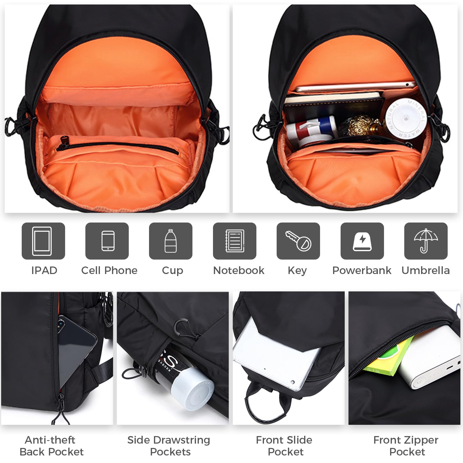 Lightweight Waterproof Hiking Backpack for Women & Men - Travel & Daypack - Black