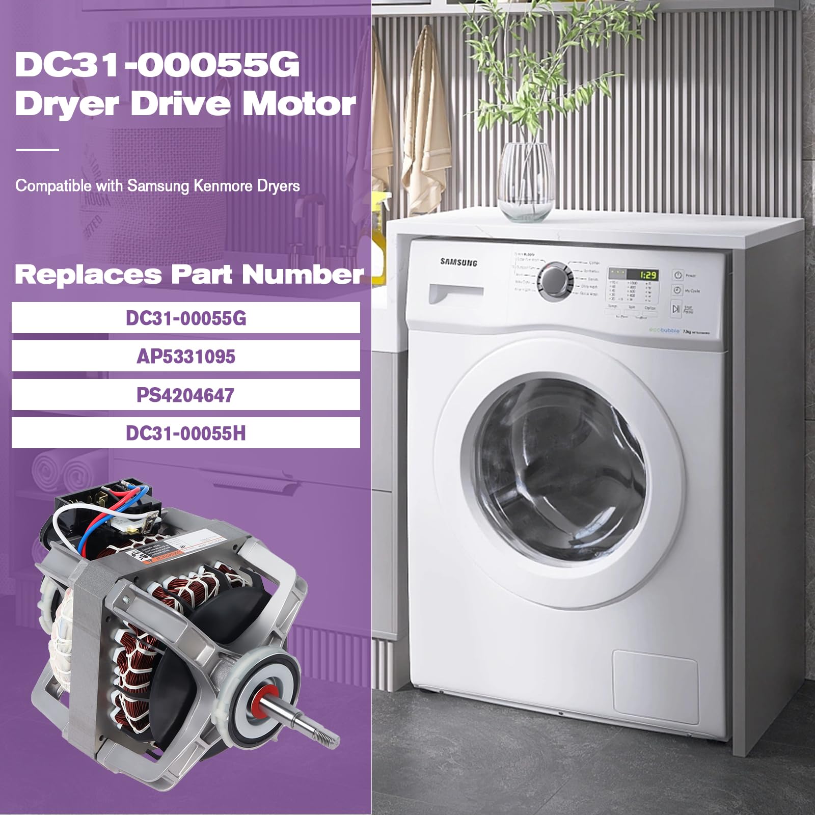 Samsung Kenmore Dryer Drive Motor Replacement DC31-00055G - Compatible with DV210AEW, DV48J7770EW Models - Replaces DC31-00055H, AP5331095, PS4204647 - Perfect for DIY Appliance Repair & Laundry Room Maintenance