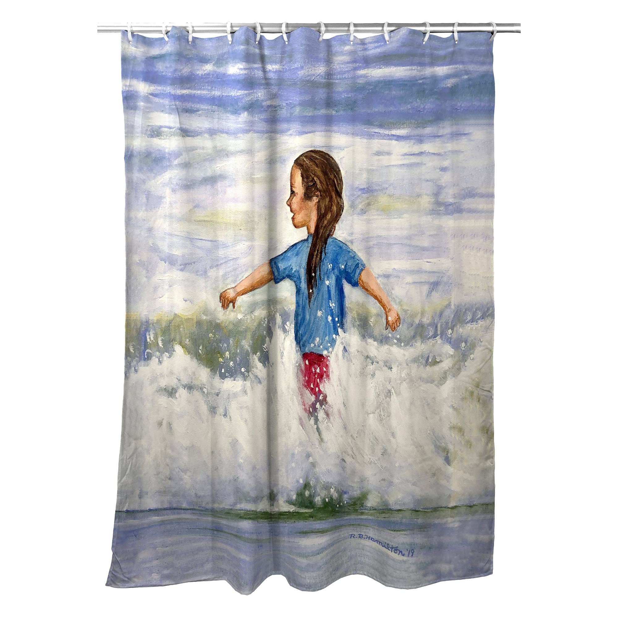 Betsy Drake Girl in Surf Shower Curtain - Waterproof Bathroom Decor for Beach & Coastal Themed Homes - Perfect for Kids' Bathrooms, Beach Houses & Nautical Bedrooms