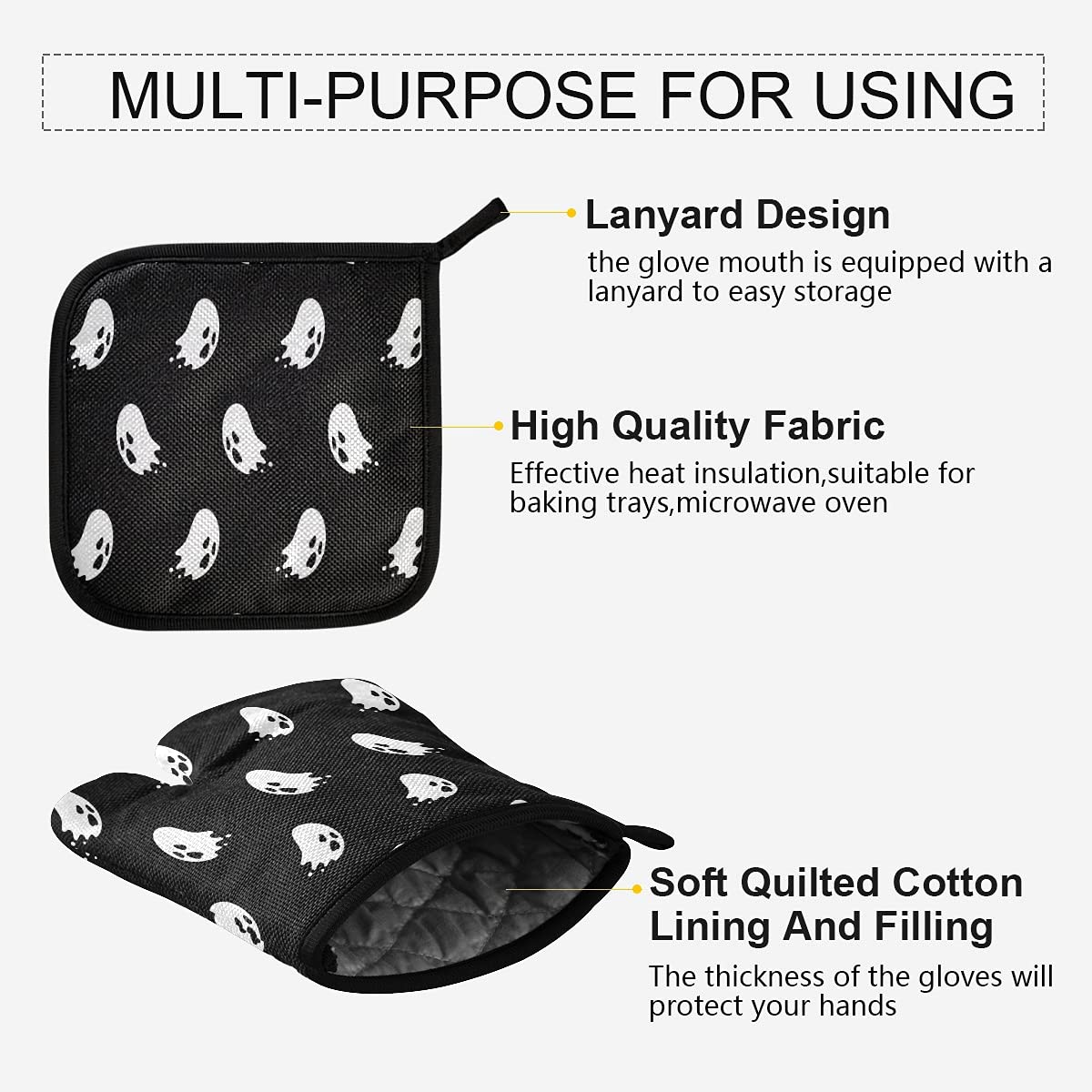 Spooky Ghost Halloween Oven Mitts & Pot Holders Set - 2-Piece Non-Slip Heat Resistant Kitchen Gloves with Trivet Mats for Baking, BBQ, Cooking - Perfect for Halloween Decor & Kitchen Safety
