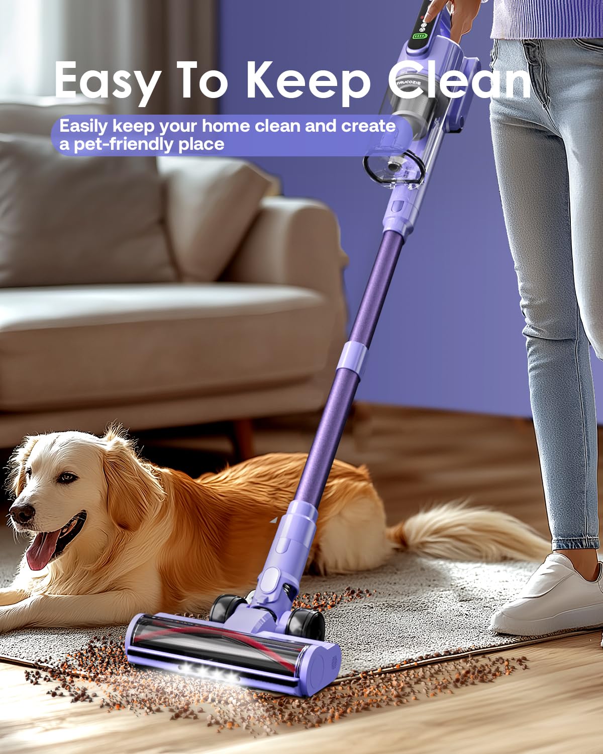 Powerful 45KPa Cordless Stick Vacuum Cleaner - 50 Mins Runtime, Lightweight, Self-Standing with LED Touch Screen - 8-in-1 for Pet Hair, Carpet & Hardwood Floors (Purple) - Perfect for Home Cleaning & Car Detailing