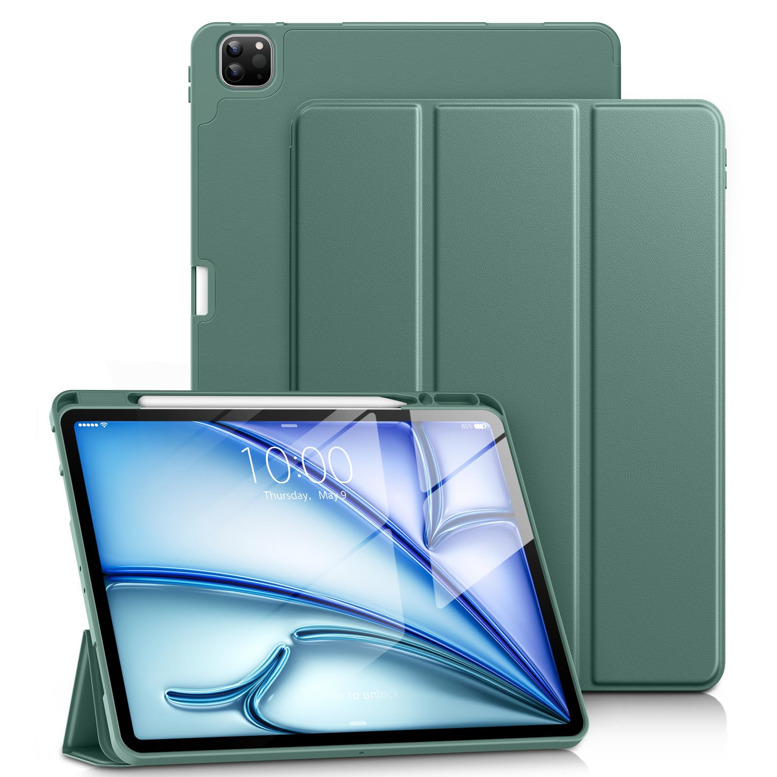 DTTO iPad Air 13 Inch Case M3/M2 2025/2024 & iPad Pro 12.9 Inch Case (6th/5th/4th/3rd Gen) - Slim Trifold Stand Smart Cover with Apple Pencil Holder | Midnight Green | Perfect for Work, Study & Travel Protection