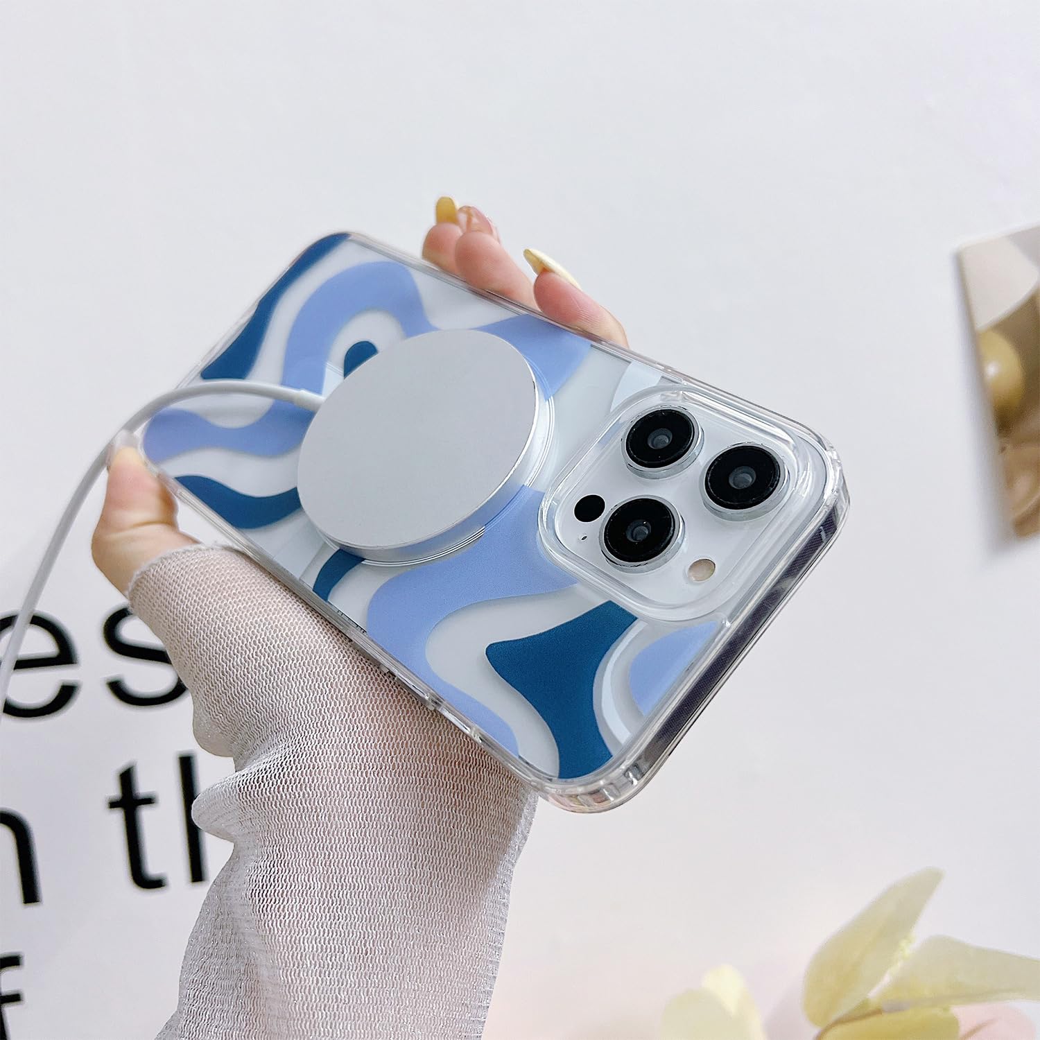 Magnetic iPhone 14 Case & iPhone 13 Case - MagSafe Compatible, Cute Wavy Art Design for Women, Soft TPU Edge with Shockproof PC Back Cover (Blue) - Perfect for Everyday Protection & Wireless Charging