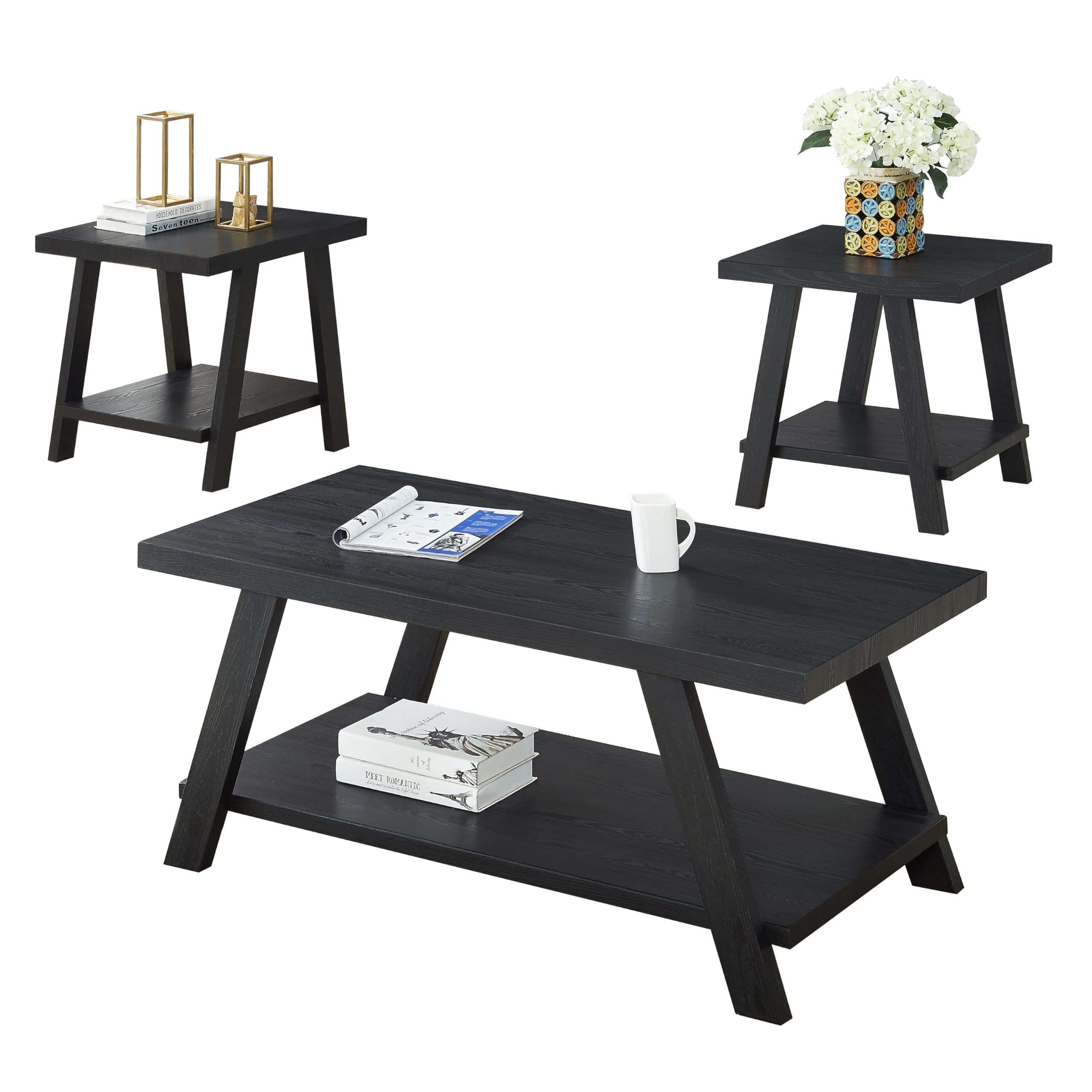3-Piece Living Room Table Set - Coffee Table & 2 End Tables with Wood Storage Shelf, Modern Side Table for Living Room, Bedroom, Office - Black (48