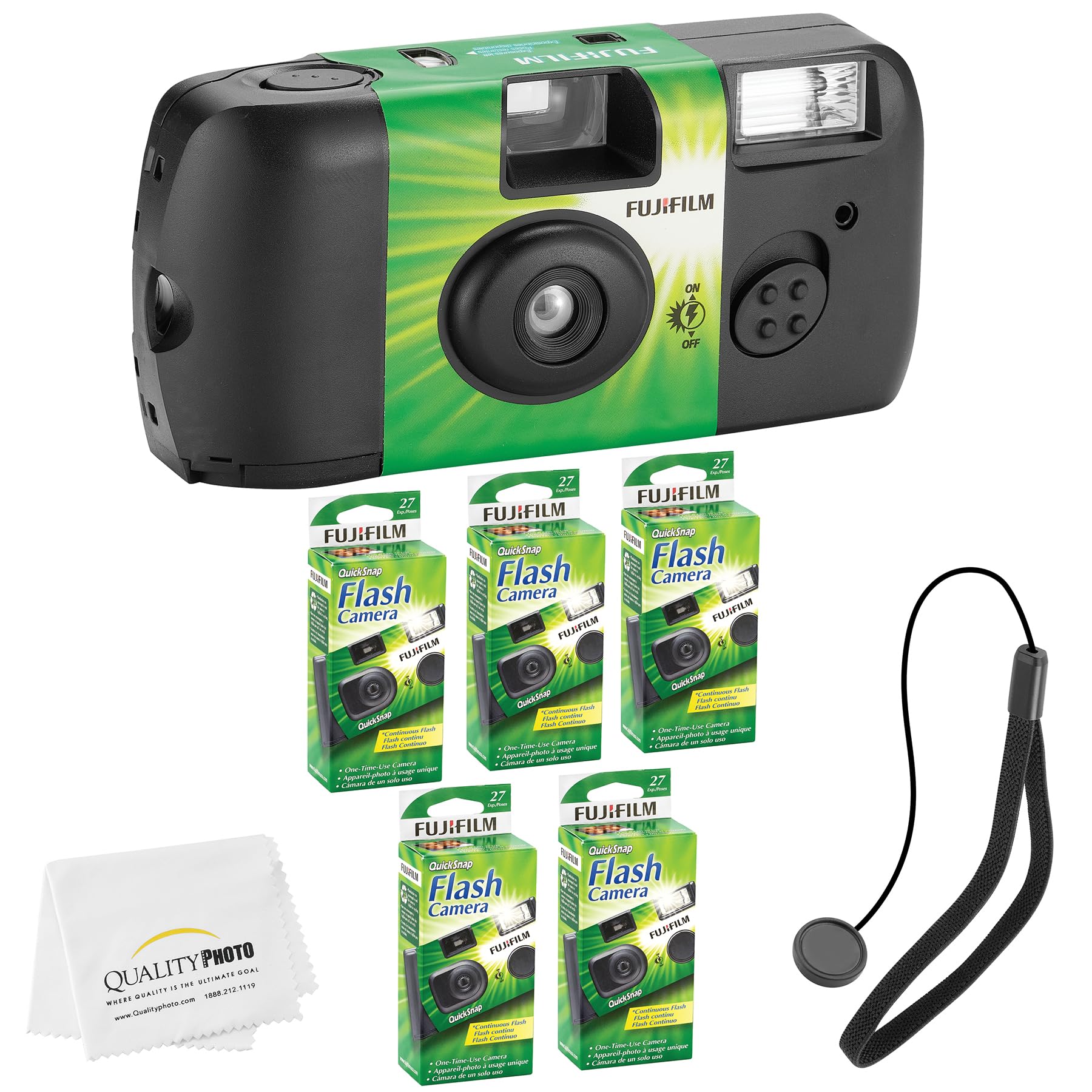 Fujifilm QuickSnap Flash 400 Disposable 35mm Camera with Hand Strap & Microfiber Cleaning Cloth (5 Pack) - Perfect for Travel, Weddings, Parties & Outdoor Adventures