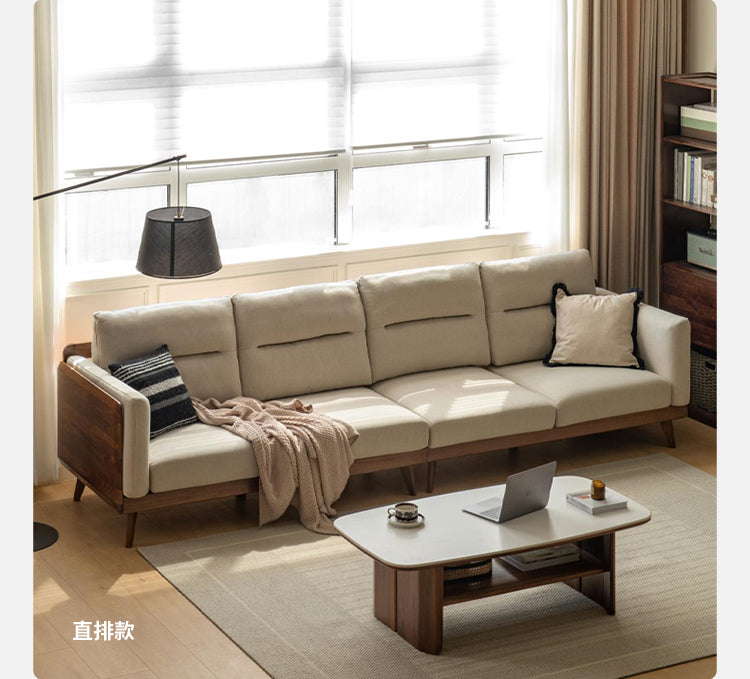 Premium Black Walnut Solid Wood Sofa with High-Tech Fabric Upholstery - Modern Living Room Furniture for Home & Office Comfort
