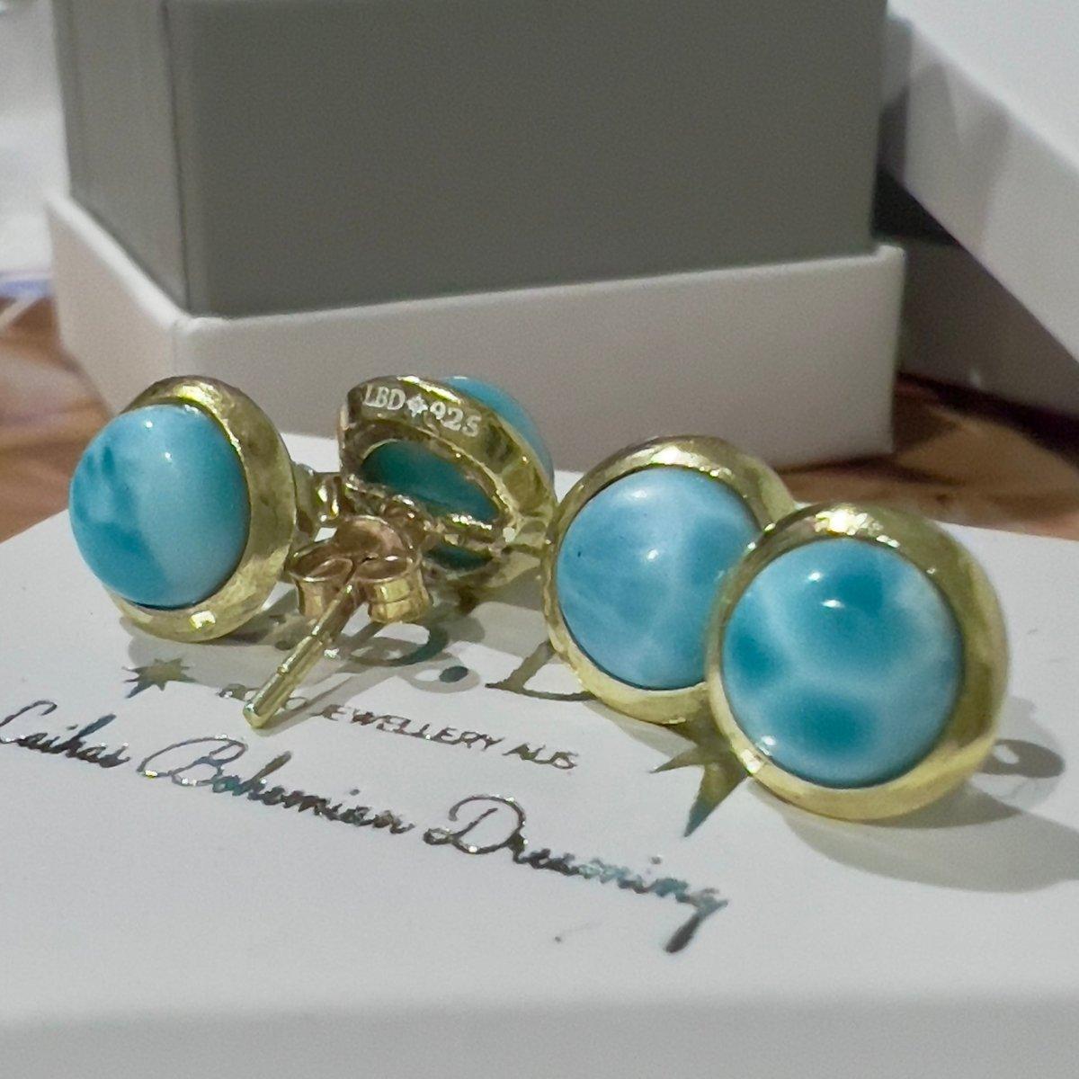 14K Gold Larimar Stud Earrings - Classic Round Gemstone Jewelry for Women - Perfect for Everyday Wear & Special Occasions