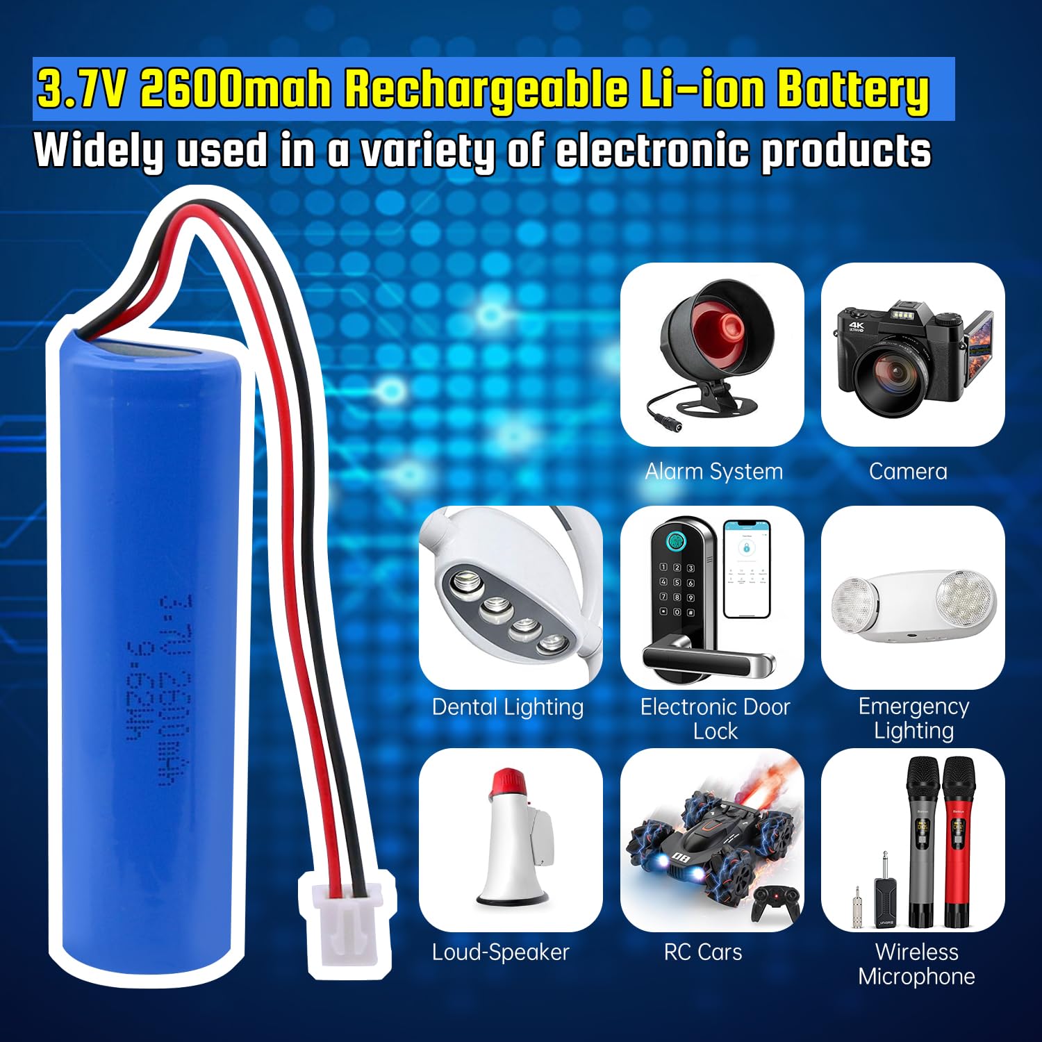 3.7V 2600mAh Rechargeable Lithium Ion Battery with XH2.54/2P Connector - High Capacity Power Supply for DIY Electronics, RC Toys, LED Lighting, Bluetooth Devices | Perfect for Drones, Flashlights & Portable Gadgets