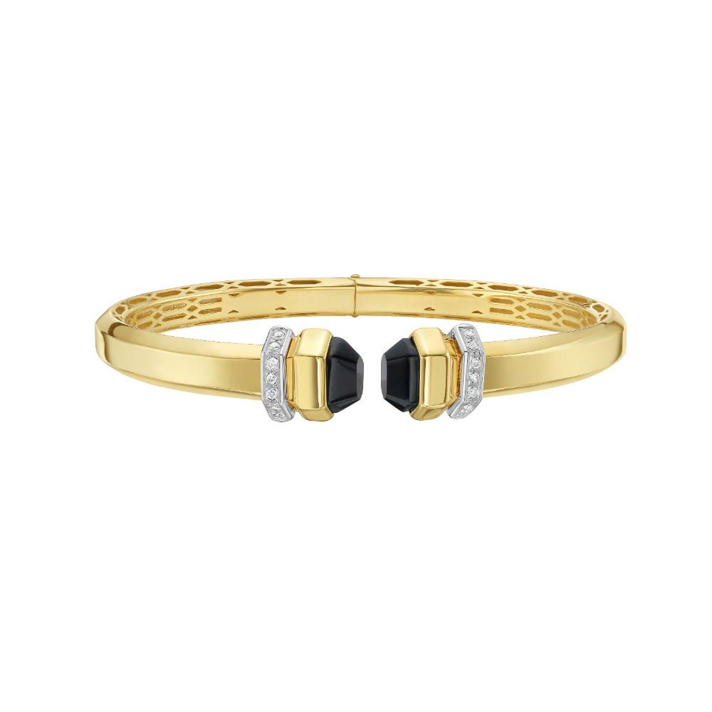 14K Gold Black Pyramid Art Deco Cuff Bracelet for Women - Elegant Vintage Jewelry Gift for Parties, Weddings & Special Occasions