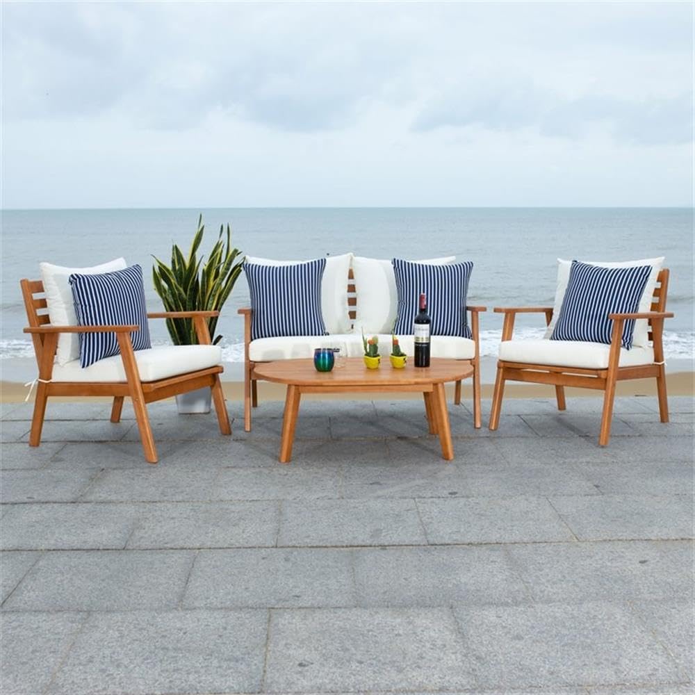 Safavieh PAT7050D 4-Piece Outdoor Patio Pillow Set - Navy Striped, Natural & Beige Weather-Resistant Cushions for Garden, Poolside & Deck Furniture Decor