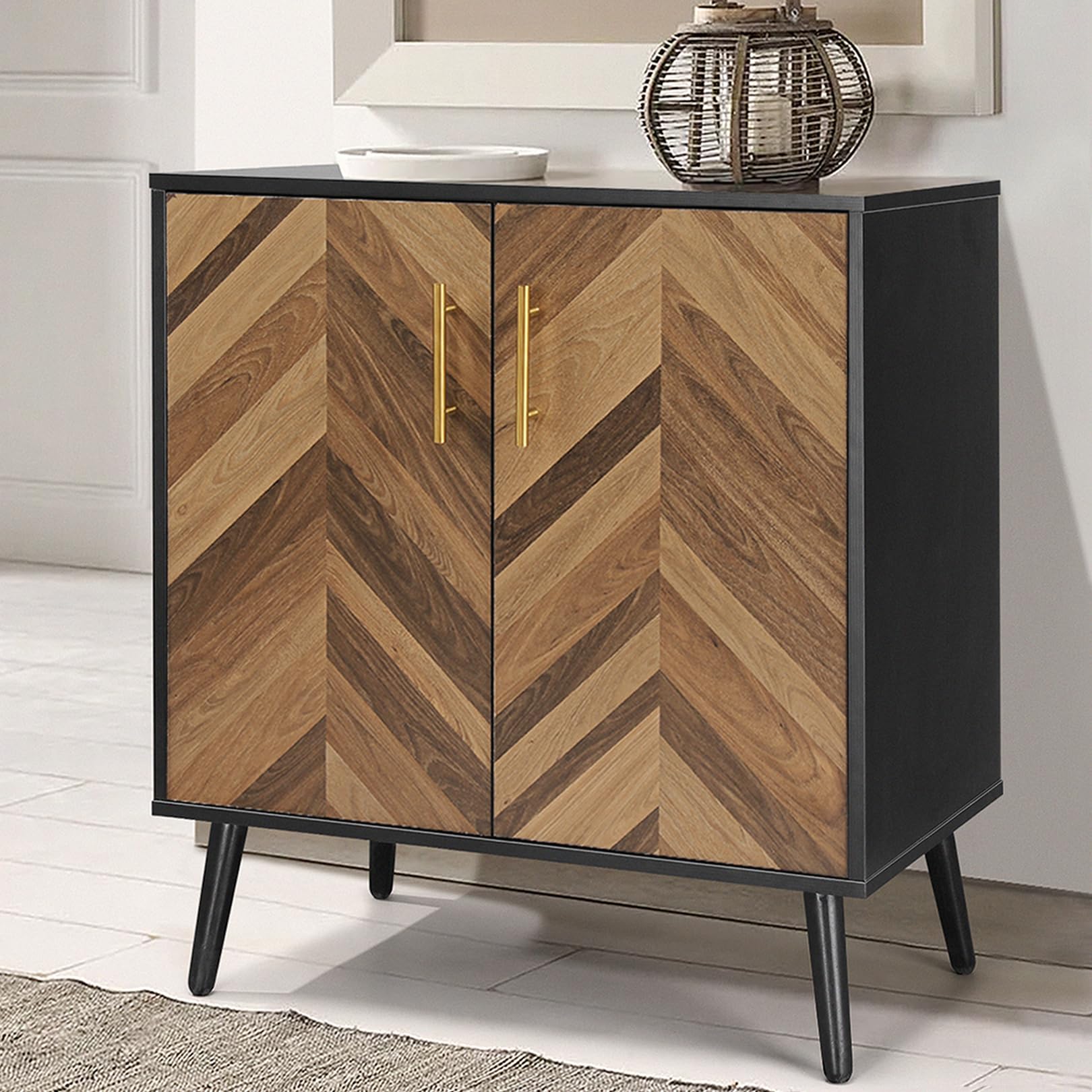 Mid Century Modern Black Accent Cabinet with Doors & Storage Shelves - Small Wood Sideboard Buffet Cabinet for Living Room, Entryway, Office - Brown Herringbone Design - Perfect for Home Decor & Storage Solutions