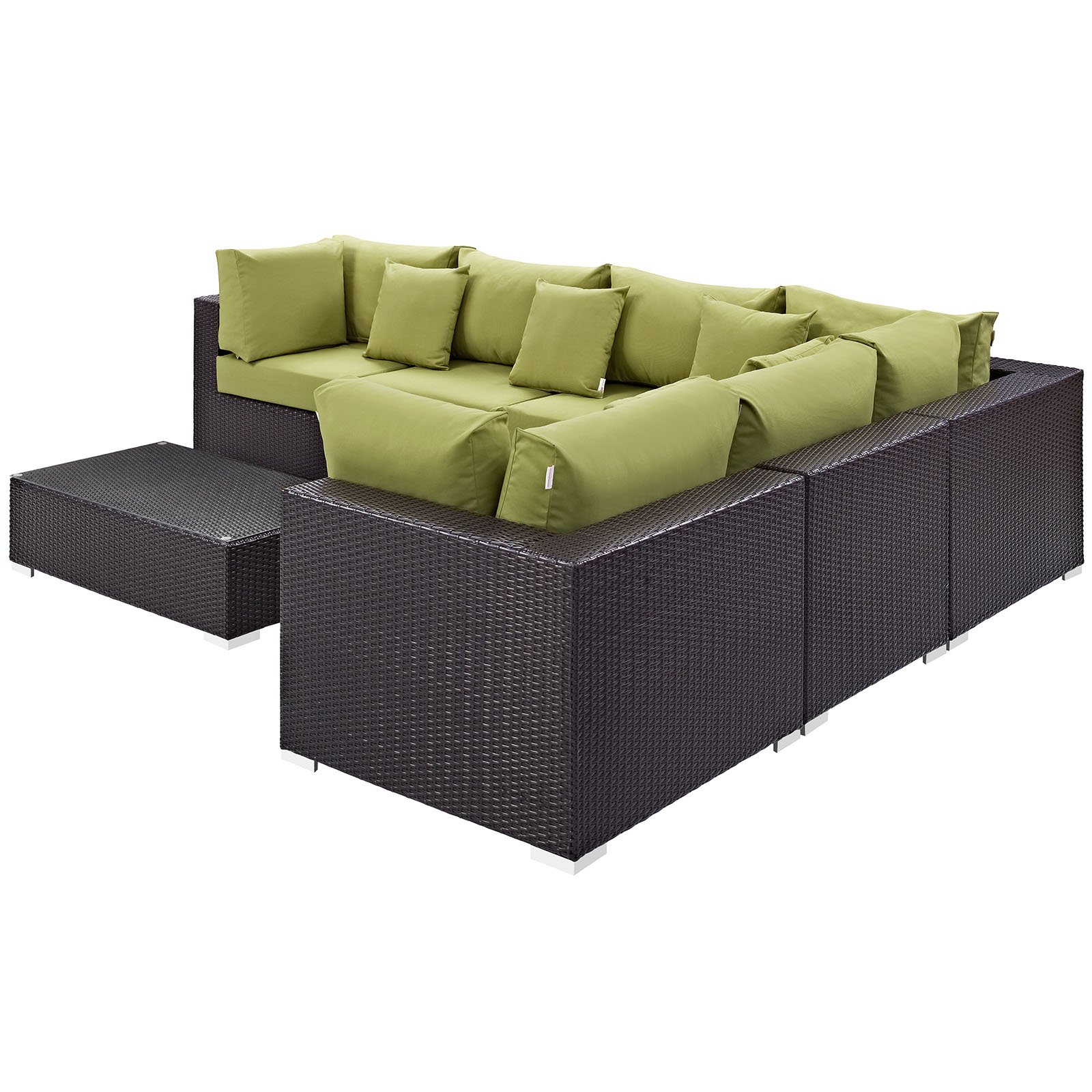Modway Convene Collection 7-Piece Outdoor Patio Sectional Set - Espresso & Peridot Color - Durable Wicker Furniture for Backyard, Garden, Poolside or Deck Relaxation
