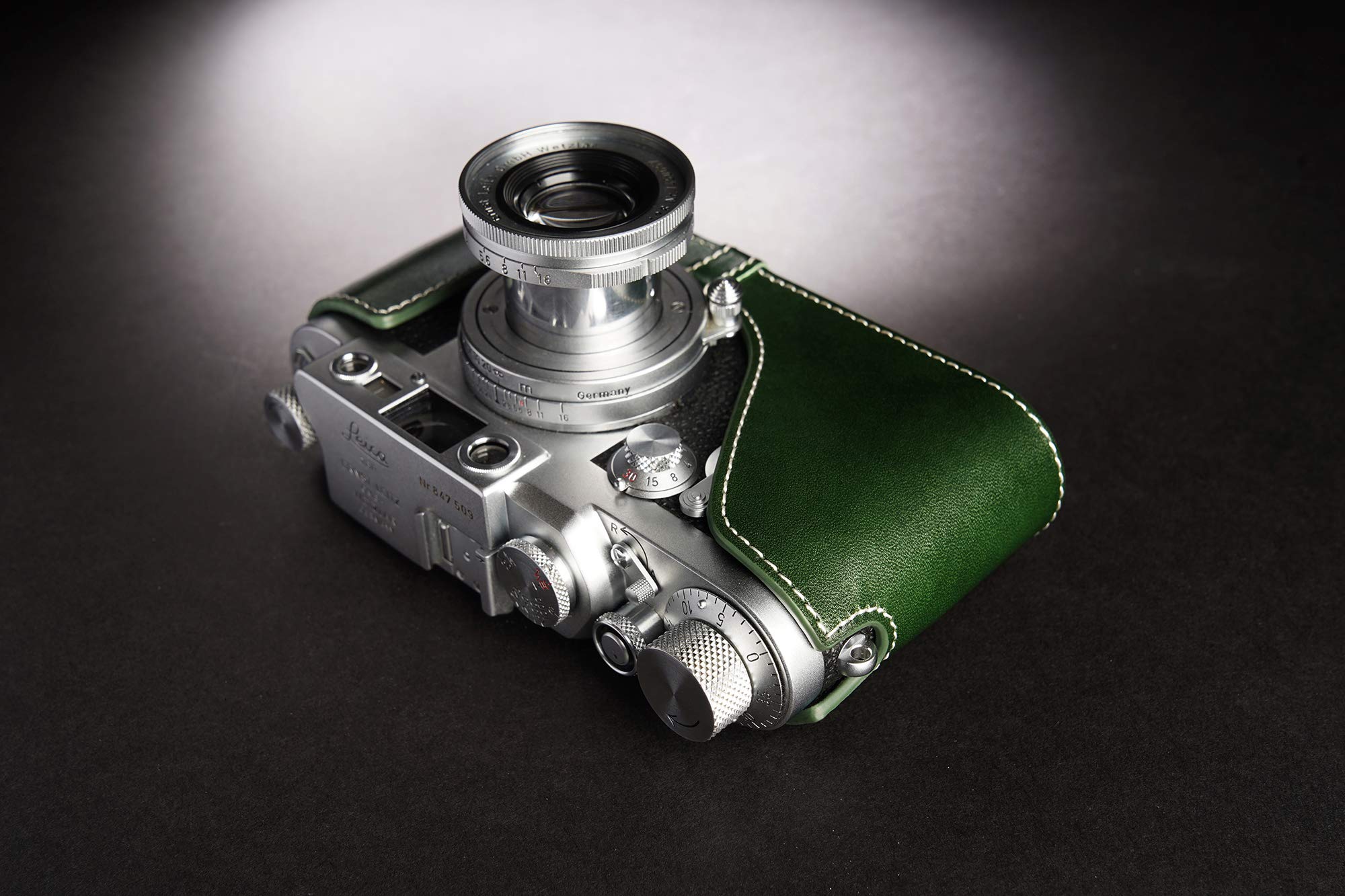 **BolinUS Genuine Leather Half Case for Leica IIIg Camera - Handcrafted Real Leather Cover (Green) - Protects Camera & Selfie Stick - Perfect for Travel, Street Photography & Vintage Enthusiasts**