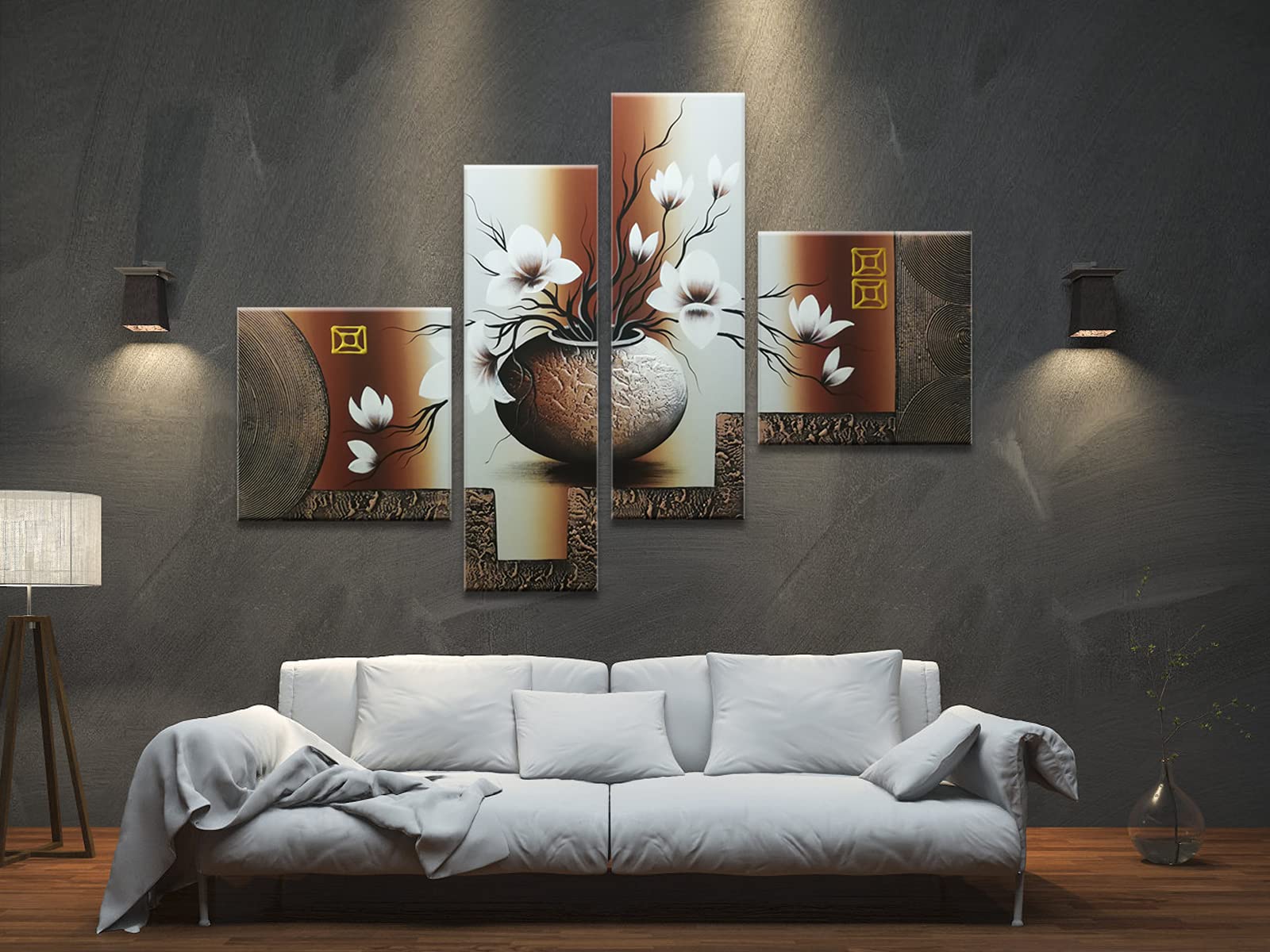 Wieco Art Large 4-Panel Hand-Painted Floral Canvas Wall Art - Modern Oil Painting for Living Room, Bedroom & Office Decor - Framed Stretched Elegant Flower Painting (XL Size)