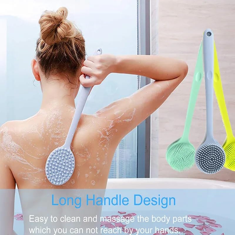 Double-Sided Silicone Back Scrubber with Long Handle - Exfoliating Body Brush for Shower & Bath Massage - Skin Care & Deep Cleansing - Perfect for Exfoliation & Relaxation (Blue, 1 Pack)
