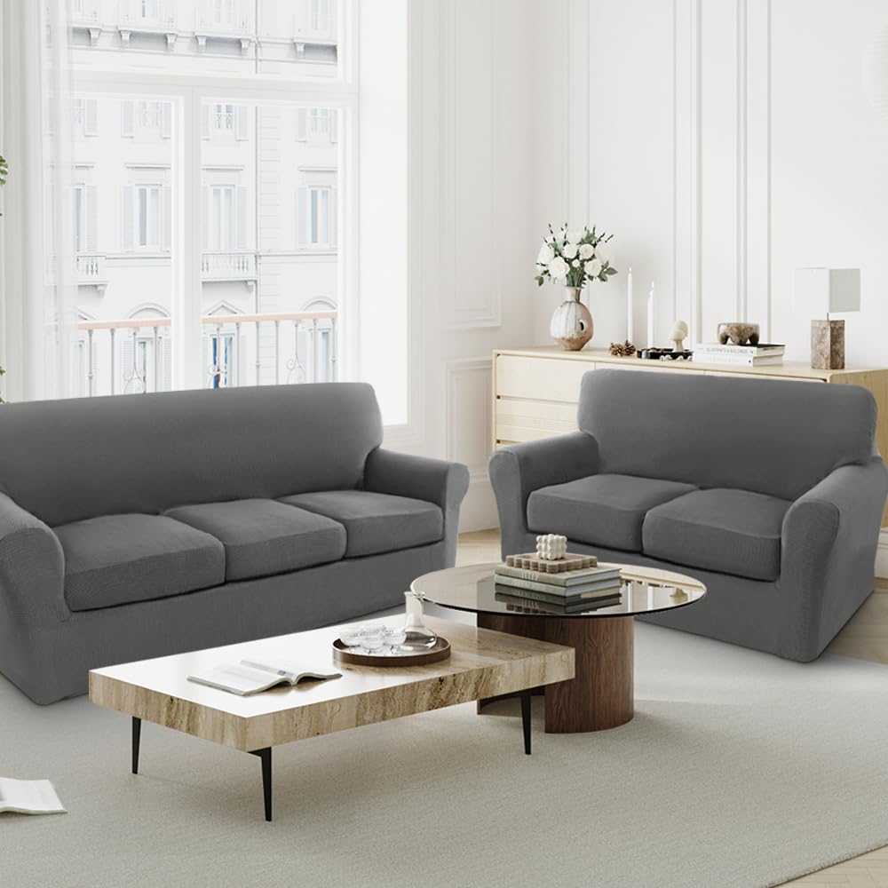 H.VERSAILTEX 4-Piece Stretch Sofa Cover Set - Jacquard Fabric Couch Covers for 3-Cushion Sofa & 2-Cushion Loveseat, Thick Grey Furniture Protector - Perfect for Living Room, Family Room & Pet-Friendly Homes