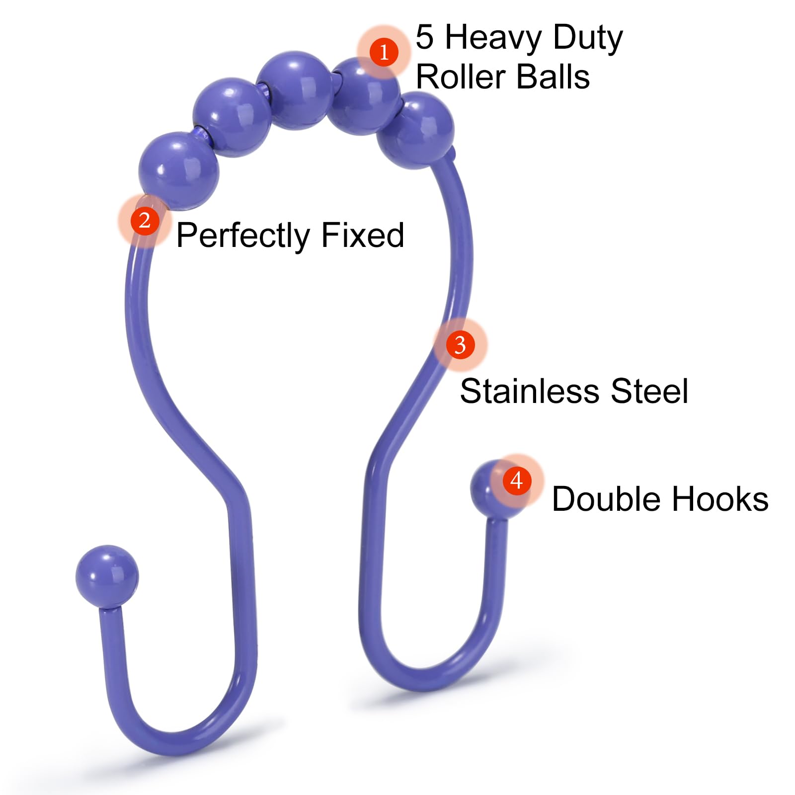 Goowin 12 Pack Stainless Steel Shower Curtain Hooks - Rust Proof Smooth Sliding Anti-Drop Double Rings for Bathroom Decor (Purple) | Perfect for Bathroom, Hotel, Dorm & Home Upgrade