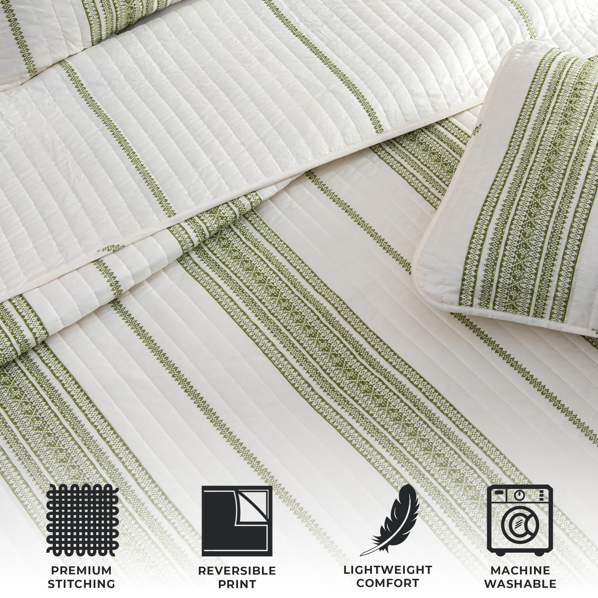 Twin/Twin XL Reversible Quilt Bedding Set - All Season Lightweight Bedspread Coverlet - Modern Striped White and Green Design (Includes Quilt + Pillow Sham) for Cozy Bedroom Decor & Guest Room Styling