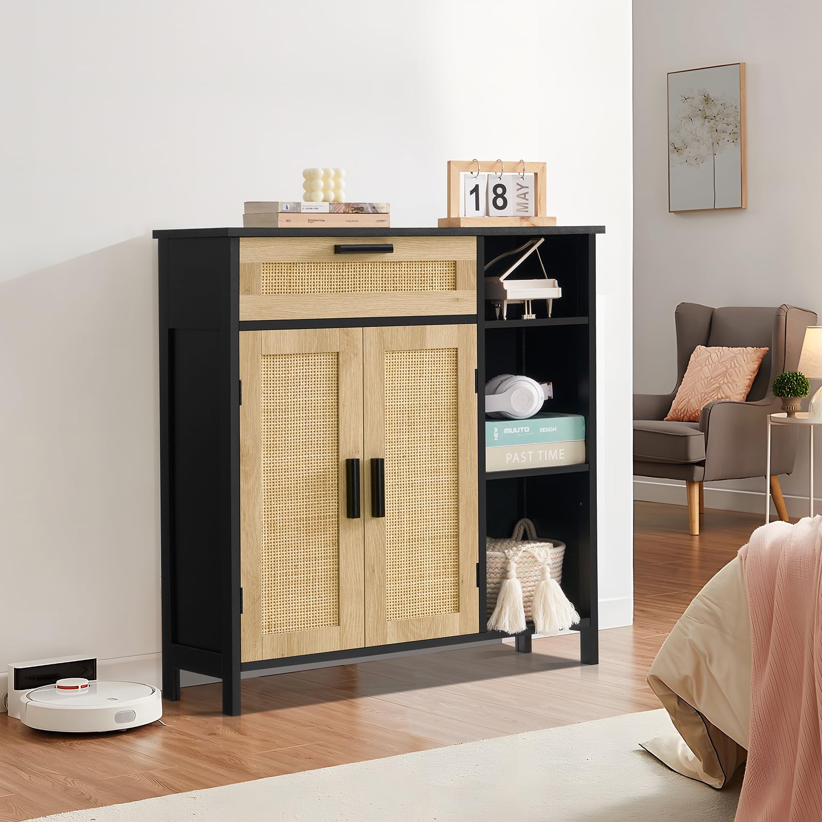 WEENFON Rattan Storage Cabinet with Drawer & Doors - Adjustable Shelves Sideboard Buffet Cabinet for Living Room, Entryway, Hallway - Black & Natural Wood Floor Cabinet for Home Organization & Decor