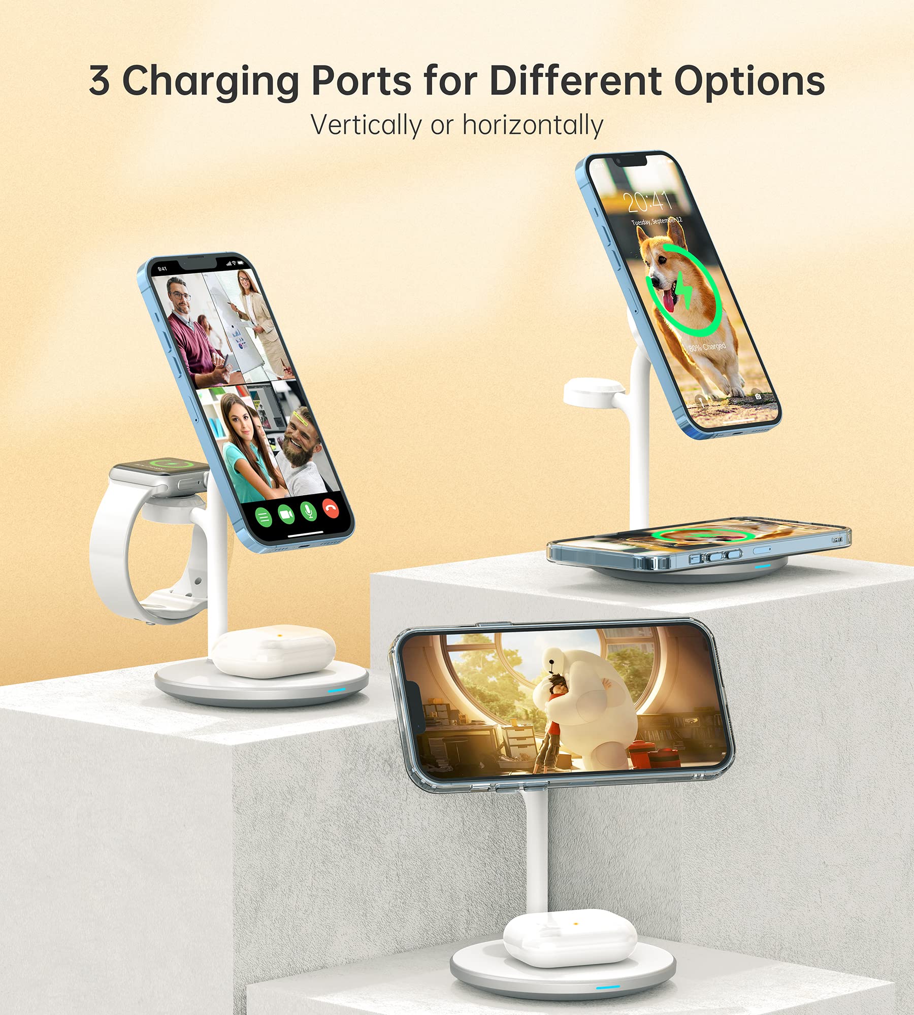 3-in-1 Wireless Charging Station for iPhone 16/15/14/13/12 Pro Max/Plus/Pro/Mini, Apple Watch Ultra 1/2/S9/S8 & AirPods - 15W Fast MagSafe Charger Stand with 20W Adapter - Perfect for Home, Office & Nightstand Charging